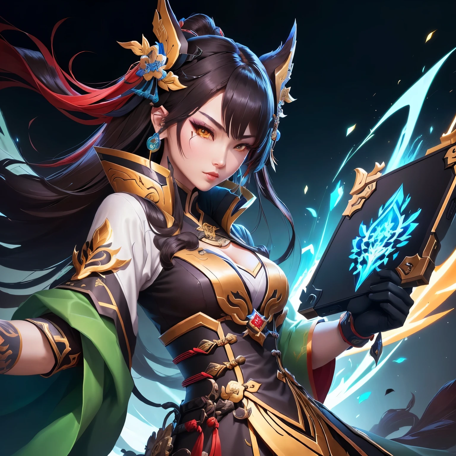 a close up of a cell phone with a game character on it, epic battle screen of hero, style of duelyst, guan yu, onmyoji, hero character, wild rift, inspired by Huang Shen, qiyana, iconic character splash art, heise jinyao, kda, leblanc, inspired by Shen Zhou, onmyoji detailed art