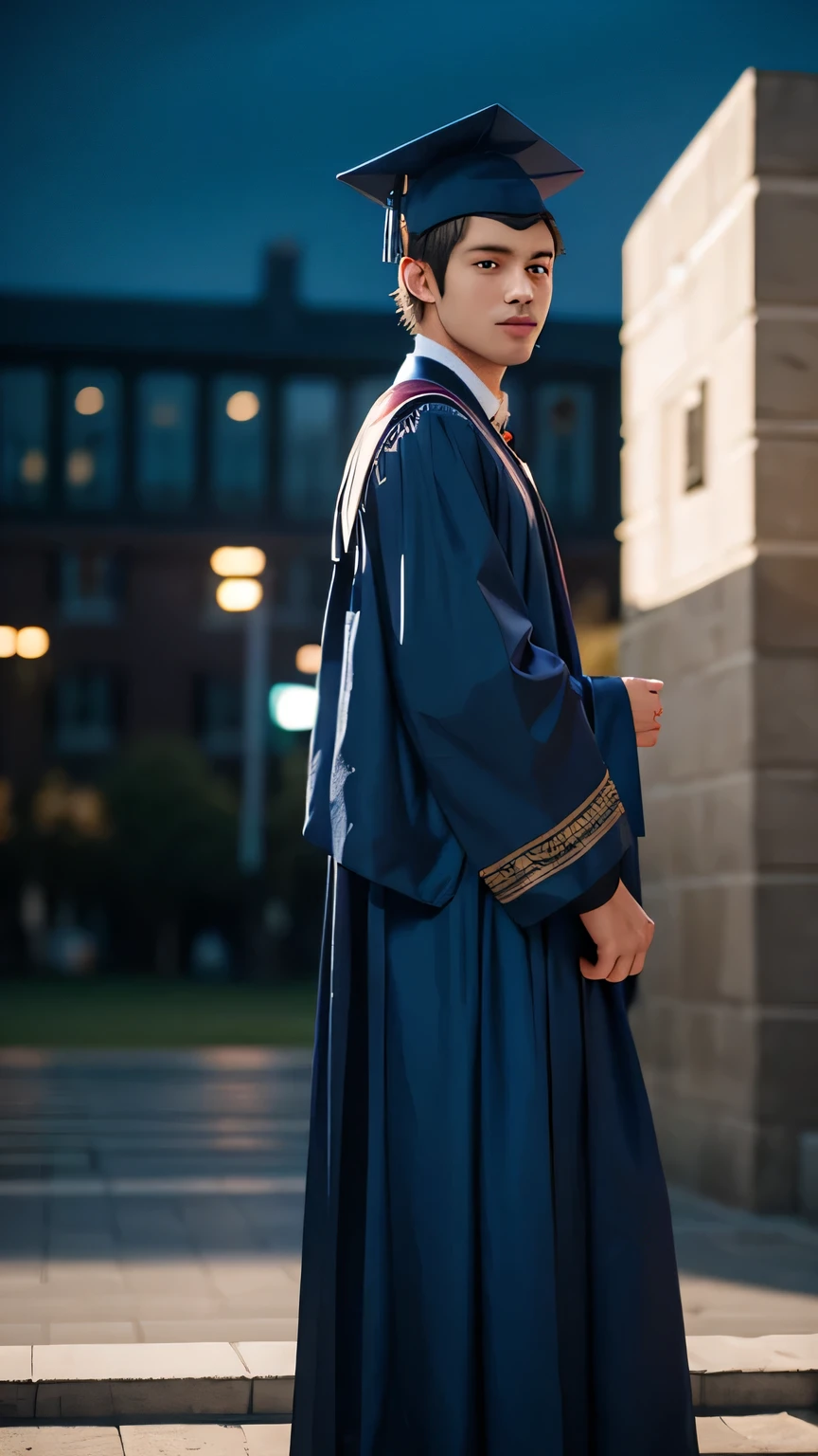 a handsome male wearing graduation gown, blue and black gown, university graduation, toga hat, graduation ceremony, university building at background, blur background, dynamic lighting, bokeh, wide angle camera