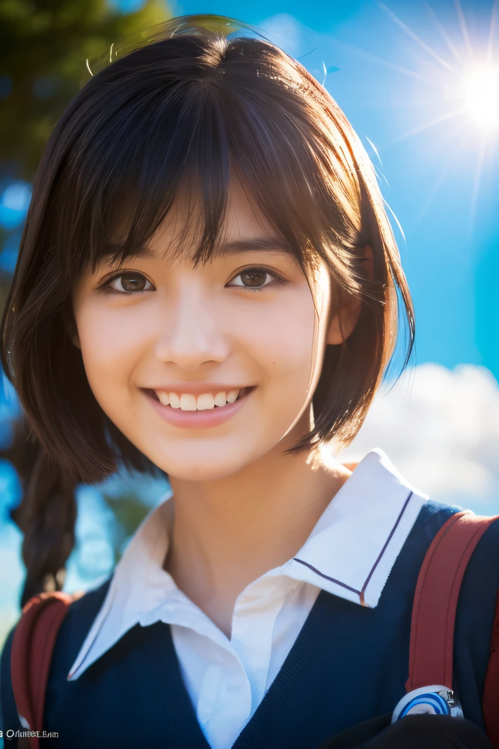 (highest quality,masterpiece:1.3,Ultra-high resolution),(Very detailed,Caustics,8k),(Realistic:1.4,RAW shooting),1 girl,18-year-old,cute,Japanese,Black short bob,(school uniform),(smile),(Looking into the camera),morning,blue sky,sun,Natural light,School Playground,(Front shot),Bust up shot,(Backlight),Lens flare