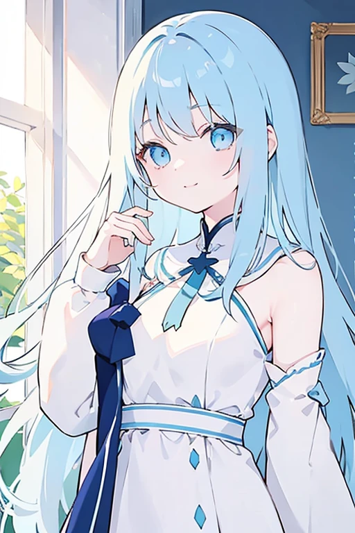 One Girl、Light blue eyes、Delicate eyes、Hair length is shoulder length、The shadow of the hair is light blue、Smiling face、Background is white、My breasts aren't big、Dress with no open chest、Even bangs、The left hand is down.、Right hand, fist to chest、Black Hair、