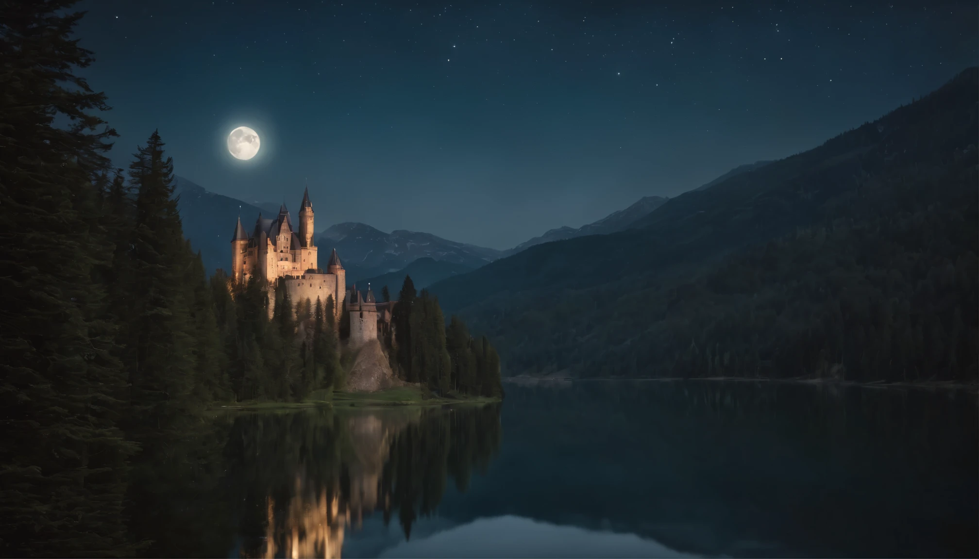 Big castle in the mountains, high towers, forest of nine conifers, lake in front of the castle, dark starry night, the moon