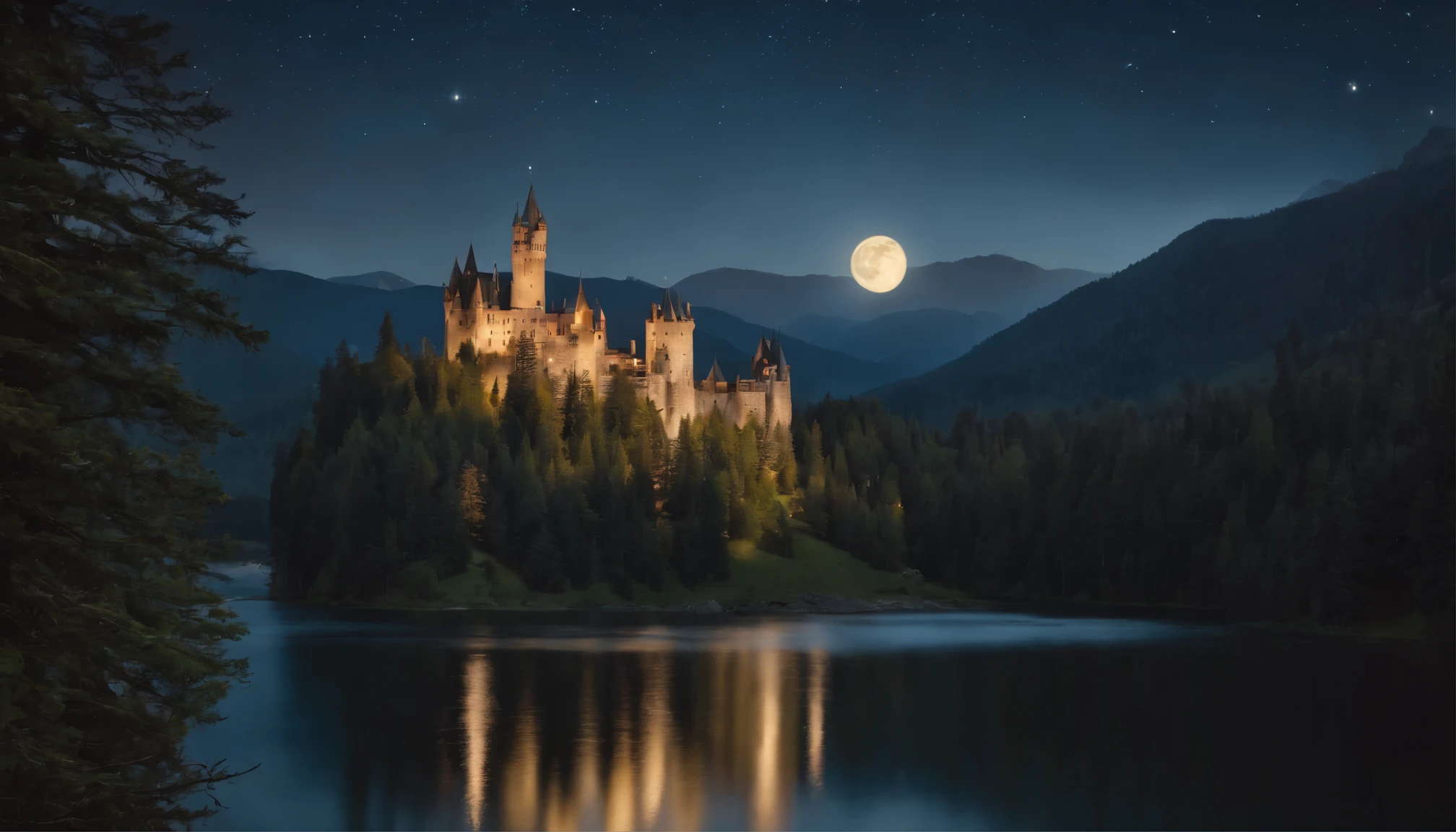 Big castle in the mountains, high towers, forest of nine conifers, lake in front of the castle, dark starry night, the moon
