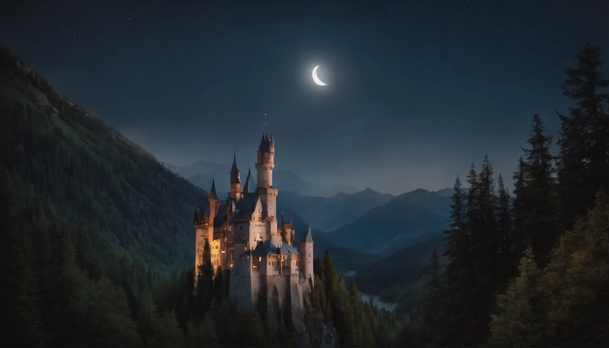 Big castle in the mountains, high towers, forest of nine conifers, lake in front of the castle, dark starry night, the moon