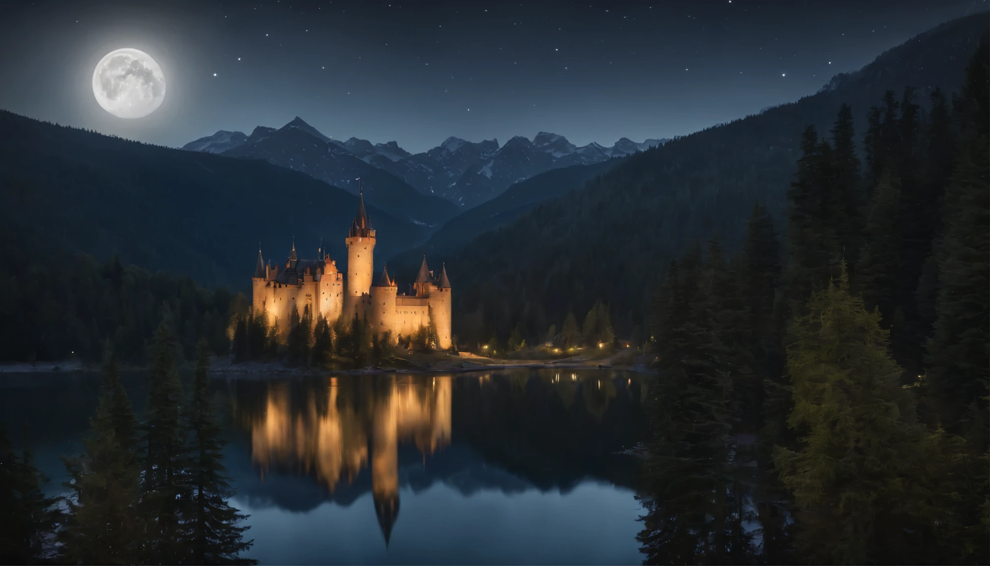 Big castle in the mountains, high towers, forest of nine conifers, lake in front of the castle, dark starry night, the moon