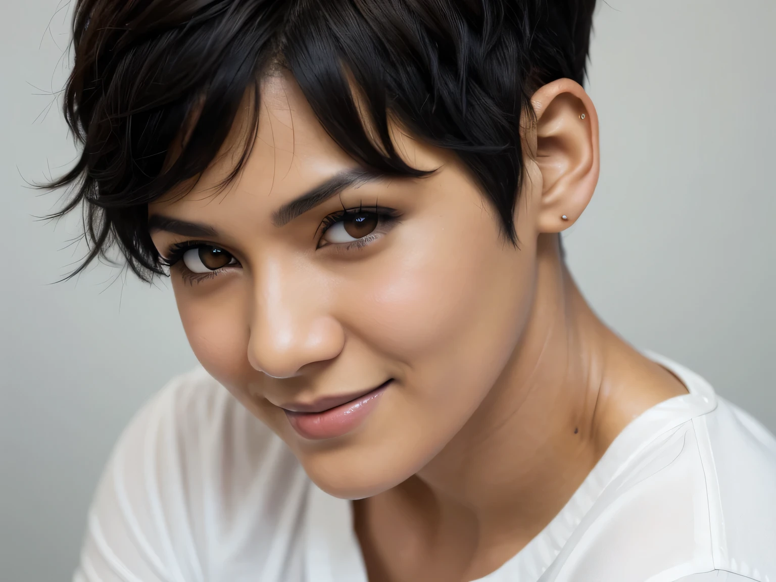 a close up of a woman with a short haircut and a white shirt, dark short curly hair smiling, short black pixie cut hair, anime woman headshot profile, mixed race woman, pixie cut with shaved side hair, mixed-race woman, curly pixie cut hair, pixie undercut short black hair, ultra high quality model, attractive brown hair woman, punchable expression