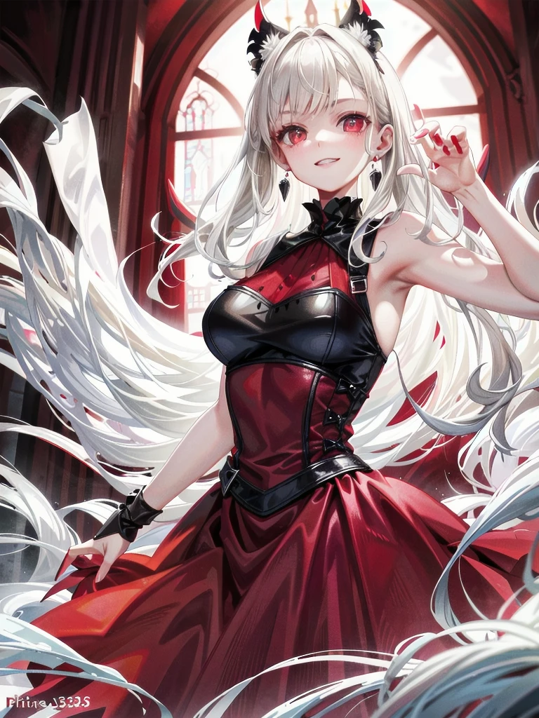 (masterpiece, top quality, best quality, official art, Beautiful and beautiful:1.2), (1 girl:1.3), (fractal art:1.3),absurd, masterpiece, best quality, actual, Super detailed, (shiny skin, sweaty:1.4), looking at the audience, thin and long, 1 girl, alone, white sneakers, white miniskirt, Long straight hair, princess cut, white hair, red eyes, (Thick thighs:0.5), dynamic lighting, high resolution, sharp focus, depth of field, small breasts, vampire, masterpiece, best quality, Super detailed, illustration, Super detailed face, best quality face, evil, 18 years old, aldult, 1 girl, 18 years old, white hair, Alchemy Set, Intricately detailed clothing, sexy pose, glowing red dress, Lovely, kawaii, The art of math, delicate eyes, blush, red cheeks