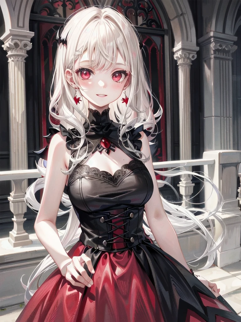 whole body, Gothic red dress, vampire, (in castle), creepy smile, absurdres, RAW photo, extremely delicate and beautiful, masterpiece, Best Quality, ultra high resolution, 32k, hyperrealistic, ultra-detailed, detailed description, pale skin, 20 years old, detailed beautiful face and eyes, tearful mole, earring, Colossal tits, short medium hair, wavy hair,　
