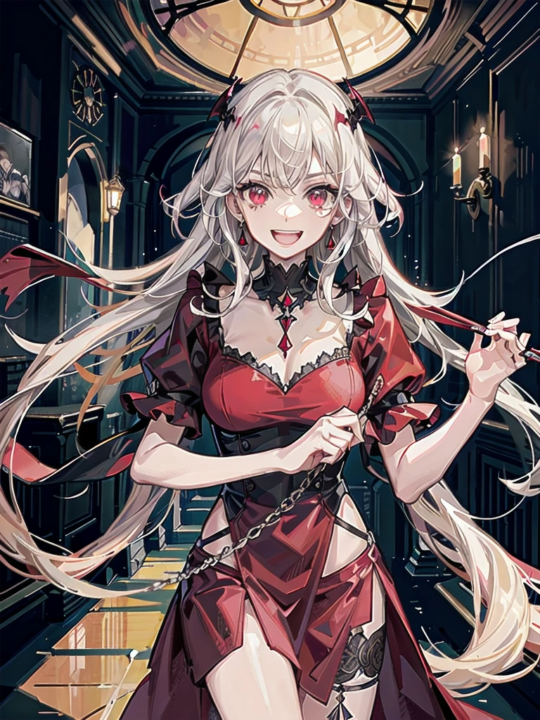 whole body, Gothic red dress, vampire, (in castle), creepy smile, absurdres, RAW photo, extremely delicate and beautiful, masterpiece, Best Quality, ultra high resolution, 32k, hyperrealistic, ultra-detailed, detailed description, pale skin, 20 years old, detailed beautiful face and eyes, tearful mole, earring, Colossal tits, short medium hair, wavy hair,