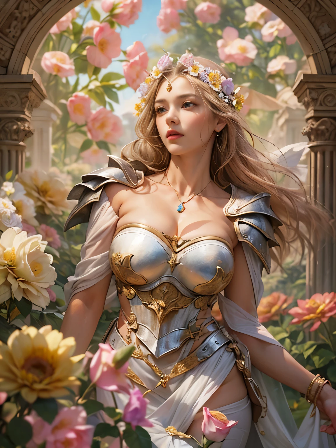 (8k, highest quality, masterpiece),{Realistic, RAW Photos, Super Fine Clear, Portraiture, (Influenced byRaphael's Painting style:1.6)}, Realistic Light, Detailed skin, (Beautiful woman with slim figure, Age 25, Goddess of Victory Nikke:1.5), Thin legs, fine grain, Long white hair, Detailed fingers, thin, Sexual, Expressions of Ecstasy, Dynamic and sexy pose, (big Bouncy Firm Bust:1.4), (knight armor:1.2),(The armor has a wide opening at the chest;1.6), Exposing the breasts, (arcadia, Flower Storm, many flowers:1.8), Wide and beautiful view, (rose garden in 15th century:1.5),