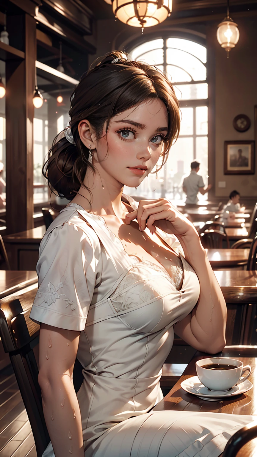 (In perspective) Gorgeous and sexy brunette woman、The perfect 23 year old secretary、Straight hair in a ponytail、Greasy, silky white skin (Moist) Thick lips, (photoRealistic:photoRealistic, 8K masterpiece), She has big breasts and wears a tight white dress shirt (Chest highlights), sitting at a restaurant table drinking coffee (hyperRealistic: Realistic, Intricately detailed environments), Sensual facial features: (Texture and environment、Professional photos、Perfect lighting).