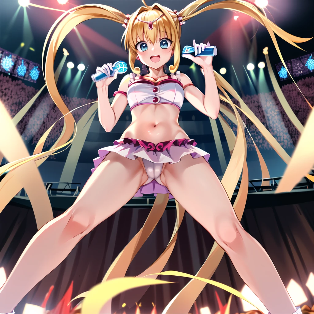 masterpiece, highest quality, High resolution, Hmm., Twin tails, tiara, blue eyes, Long Hair, Ahoge, hair ornaments, Idol, dress, gloves, Are standing, Cowboy Shot, smile, Holding a microphone, Open your mouth, stage, Reaching out,R18,Tentacles,Tentacles拘束,Tentacles挿入,Naughty attack,Ecstasy,Costume damage,Naughty expression,View from below,Heroine in Trouble,Energy Drain,Untransform,