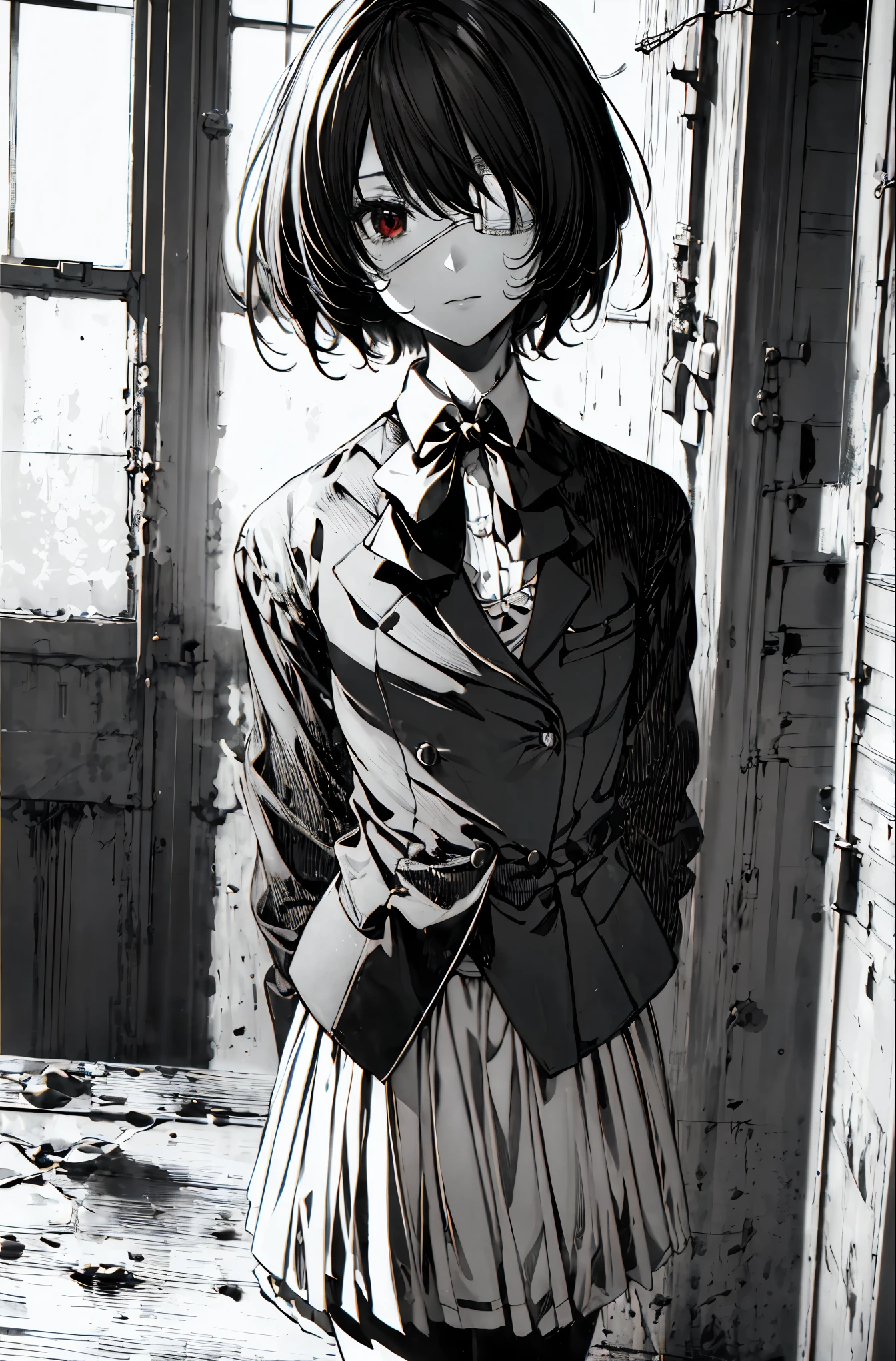 masterpiece, highest quality, Very detailed, Absurd,(monochrome,nihonga,horror:1.3),One girl, alone, Fine grain, Eyes Wide Open, eyelash, View your viewers,upper body,misaki mei,(Medical eye patch), Are standing, Bright red eyes, Blue Skirt, Black Hair, Jacket, Long sleeve, Expressionless, Red bow tie, Hair on one eye, short hair, classroom,
