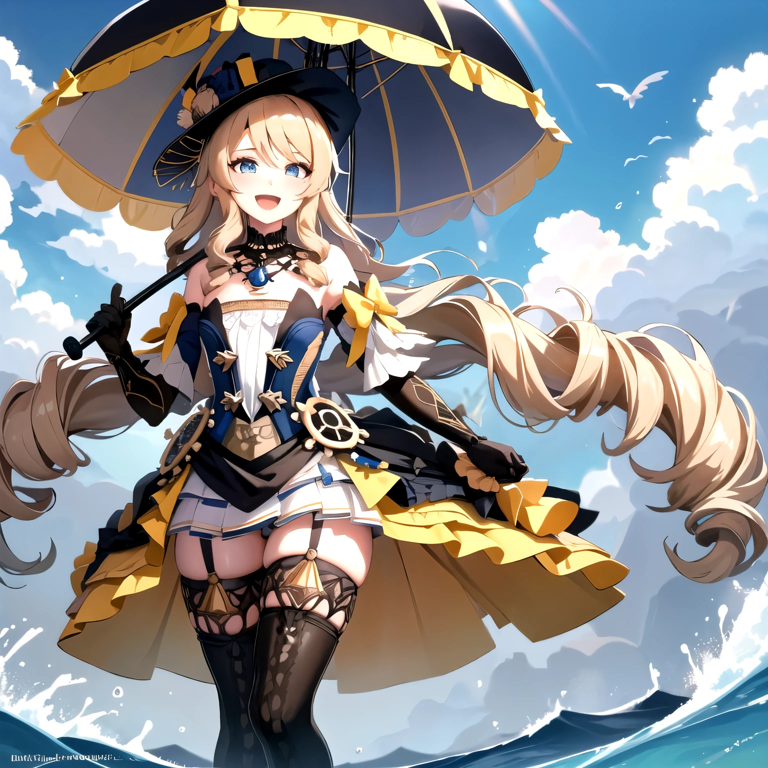 navia_gi, looking at viewer, smile, open mouth, skirt, thighhighs, gloves, hat, dress, holding, bare shoulders, standing, :d, outdoors, detached sleeves, sky, day, cloud, blue sky, umbrella, garter straps, drill hair, brown gloves, water drop, holding umbrella, brown headwear, rainbow