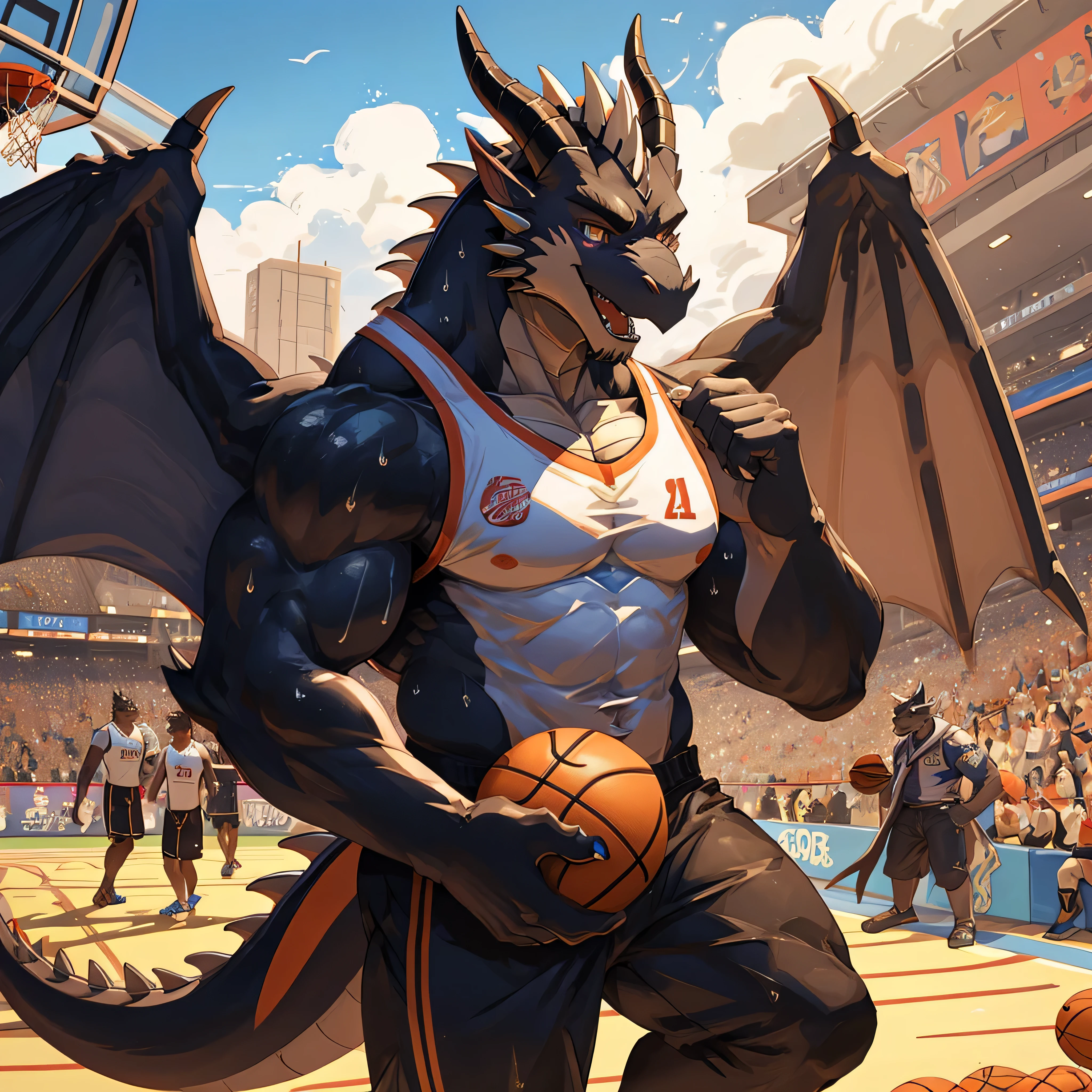 Publaz, (Black Dragon), Black fur, Two-color, Golden Eyes, (Muscular body:1.3), Perfect eyes, Handsome, OK,(White basketball jersey), (On the playground),(Express), Sports field background,(close up),(Happy eyes:1.2),Look at the screen,(Dragon Horn),(Dragon tail),Different students,A perfect masterpiece,(16K),White belly,Solitary,((Strong)),(Sports field background),(Sweat),(Dick:1.2),Perfect proportion,front,blush,(Wave hello,Watching you:1.5),(Basketball in hand:1.3),(Open your mouth slightly and breathe.:1.2),(Close Range:1.2),(clothes soaked with Sweat:1,3),Strong,muscle,more details,CG,Stand straight(whole body)