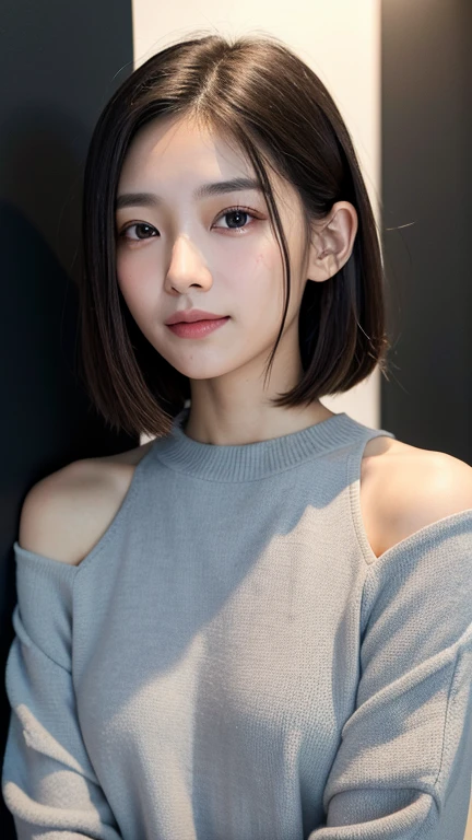 (((Close-up of face)))、(((Absolutely shoulder-length brown straight short bob)))、(((She is posing like a hair salon model, with a black wall indoors as the background.)))、(((Casual black winter long sleeves with shoulders covered)))、Half Japanese, half Korean、18 year old girl、Standing Alone、Looking forward、Light eye makeup、Brown Hair Color、Flat and 、Hair blowing in the wind、Actress Quality、Glossy, ultra-realistic face、Smiling face、Watery eyes、Gazing Up、Subtle lighting effects、 Ultra-Realistic Capture、Very detailed、High resolution 16K close up of human skin。Skin texture must be natural、The details must be such that pores can be clearly seen、The skin is healthy、Uniform tone、Use natural light and colors、A worn-out, high-quality photo taken by a model agency's in-house photographer.、smile、(((SIGMA 300 mm F/1.4,1/1000 sec shutter,ISO 400)))