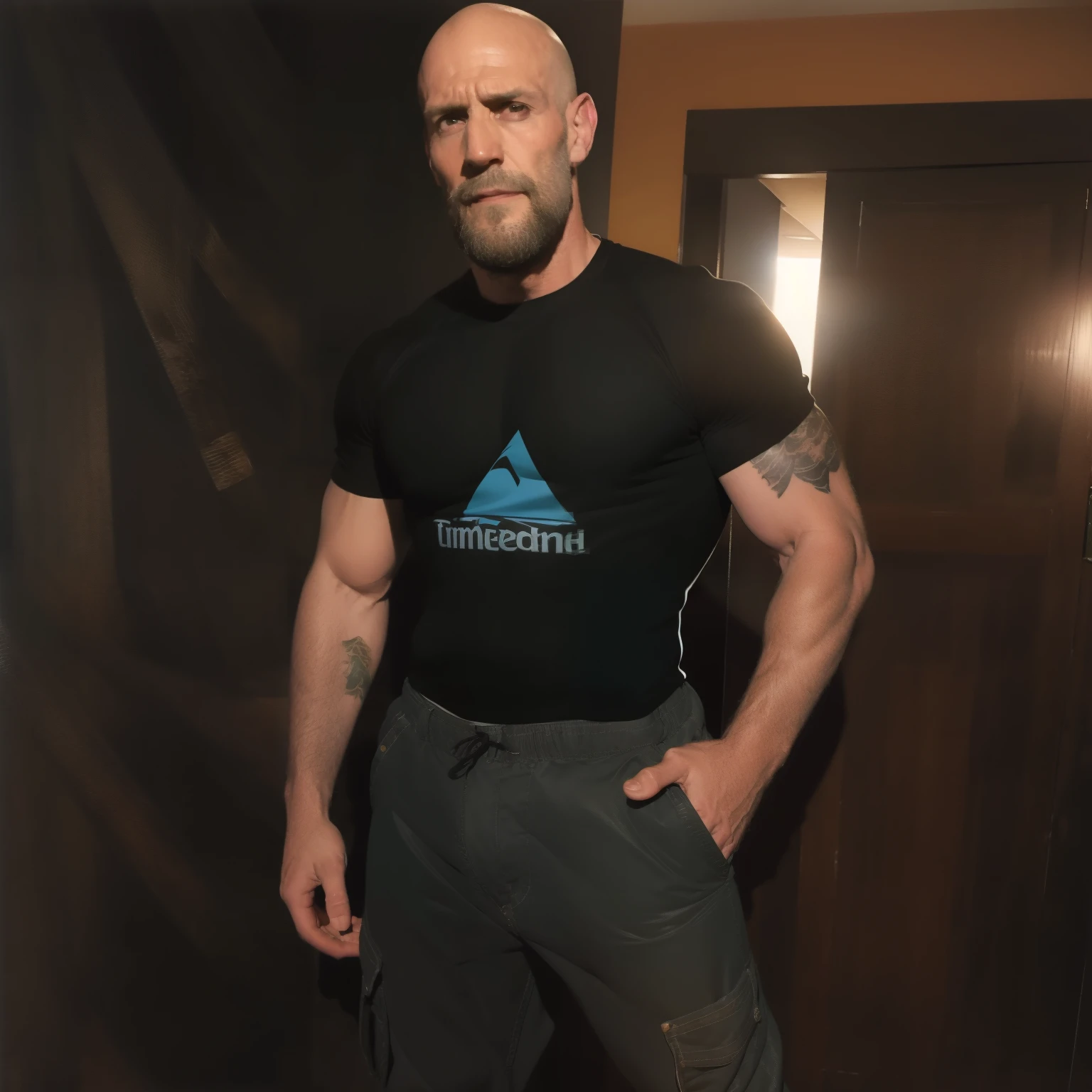 tall bald handsome man with beard, daddy, dark tattoos, lean fit body, soccer shirt, 30yo, dynamic lighting, lean body, loose cargo plants pants, character sheet, full body shot