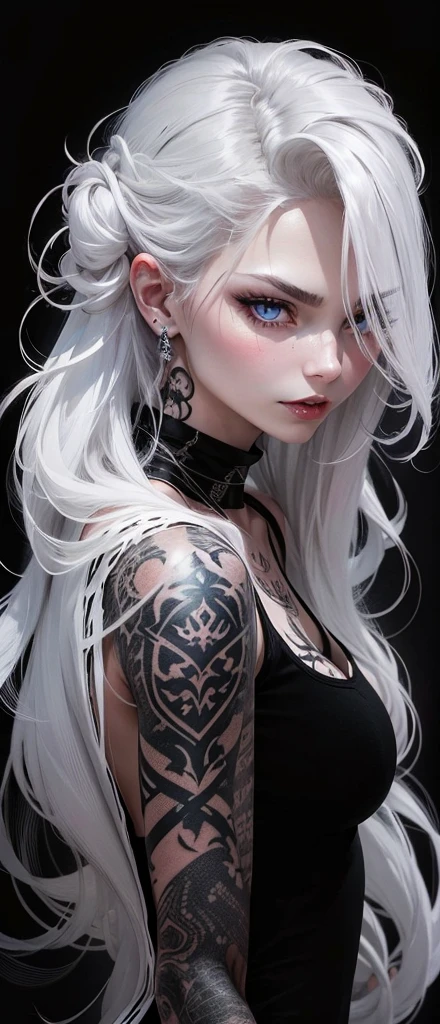 Beautiful girl , slim fit body , long white hair, tank top dark rogue lips, blushed cheeks, evil face , detailed skin, light grey eyes, tattooed body , snow white skin