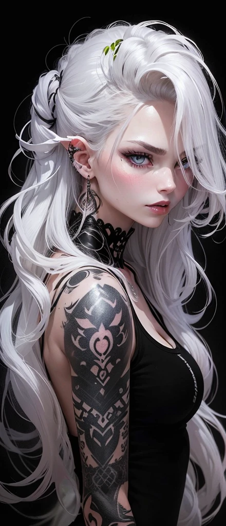 Beautiful girl , slim fit body , long white hair, tank top dark rogue lips, blushed cheeks, evil face , detailed skin, light grey eyes, tattooed body , snow white skin
