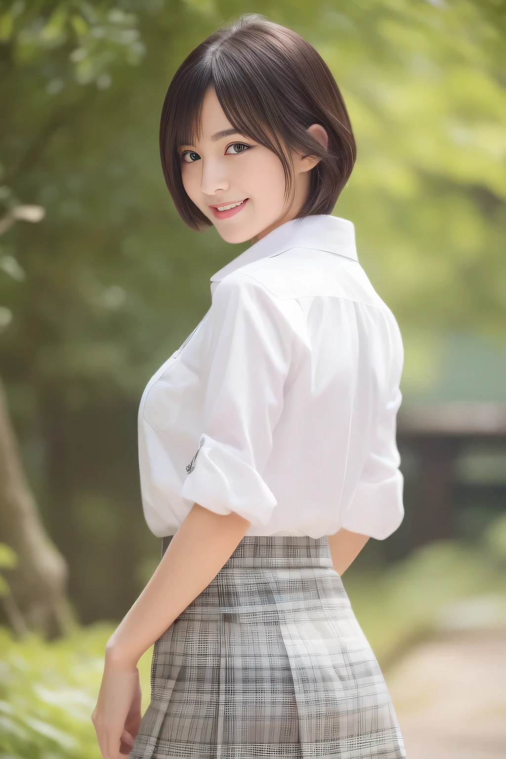 (Realistic:1.5,Dynamic pose:1.7、Healthy Body、Fine skin),21 years old,See-through,Sexy Poses,Perfect Anatomy,Beautiful body,Large Breasts、Plump body,Cute face,Beautiful Face,double eyelid,smile,Naughty look,short hair,Black Hair,iris,from the front,forest,Mysterious,high quality,Realistic,masterpiece,Very detailed,Japan,Beautiful woman,gravure,fashionable,Fashion Model,Final Fantasy、underwear、Collared shirt、Short skirt、sexy:1.10、
