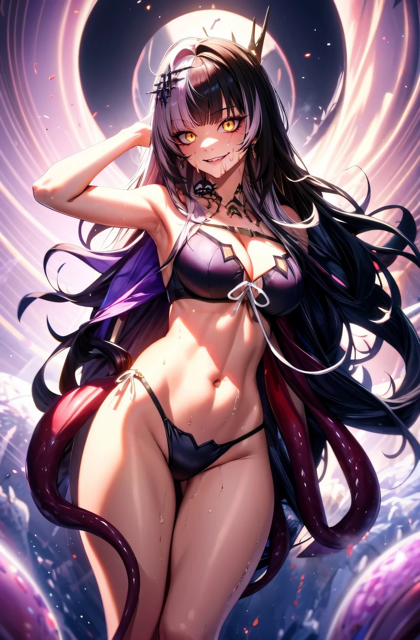 shiori novella, two-tone hair, multicolored hair, split-color hair, medium hair, hair ornament,1girl, breasts, navel, looking_at_viewer, solo, large_breasts, armpits, thighs, collarbone, bare_shoulders, tentacles, purple_bikini, cleavage, glow effects, godrays, Hand drawn, render, 8k, octane render, cinema 4d, blender, dark, atmospheric 4k ultra detailed, cinematic, Sharp focus, big depth of field, Masterpiece, colors, 3d octane render, 4k, concept art, trending on artstation, hyperrealistic, Vivid colors, extremely detailed CG unity 8k wallpaper, trending on CGSociety, Intricate, High Detail, dramatic, shaded face, yellow eyes, slit pupils, hollow eyes, smirk, upper teeth, sweating, steaming face, looking at viewer,