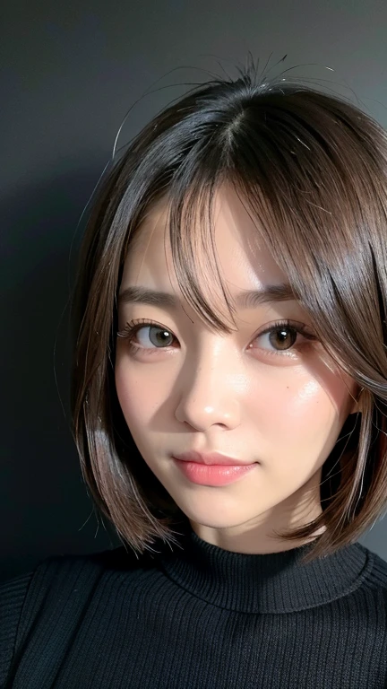 (((Close-up of face)))、(((Absolutely shoulder-length brown straight short bob)))、(((She is posing like a hair salon model, with a black wall indoors as the background.)))、(((Casual black winter long sleeves with shoulders covered)))、Half Japanese, half Korean、18 year old girl、Standing Alone、Looking forward、Light eye makeup、Brown Hair Color、Flat and 、Hair blowing in the wind、Actress Quality、Glossy, ultra-realistic face、Smiling face、Watery eyes、Gazing Up、Subtle lighting effects、 Ultra-Realistic Capture、Very detailed、High resolution 16K close up of human skin。Skin texture must be natural、The details must be such that pores can be clearly seen、The skin is healthy、Uniform tone、Use natural light and colors、A worn-out, high-quality photo taken by a model agency&#39;s in-house photographer.、smile、(((SIGMA 300 mm F/1.4,1/1000 sec shutter,ISO 400))) 