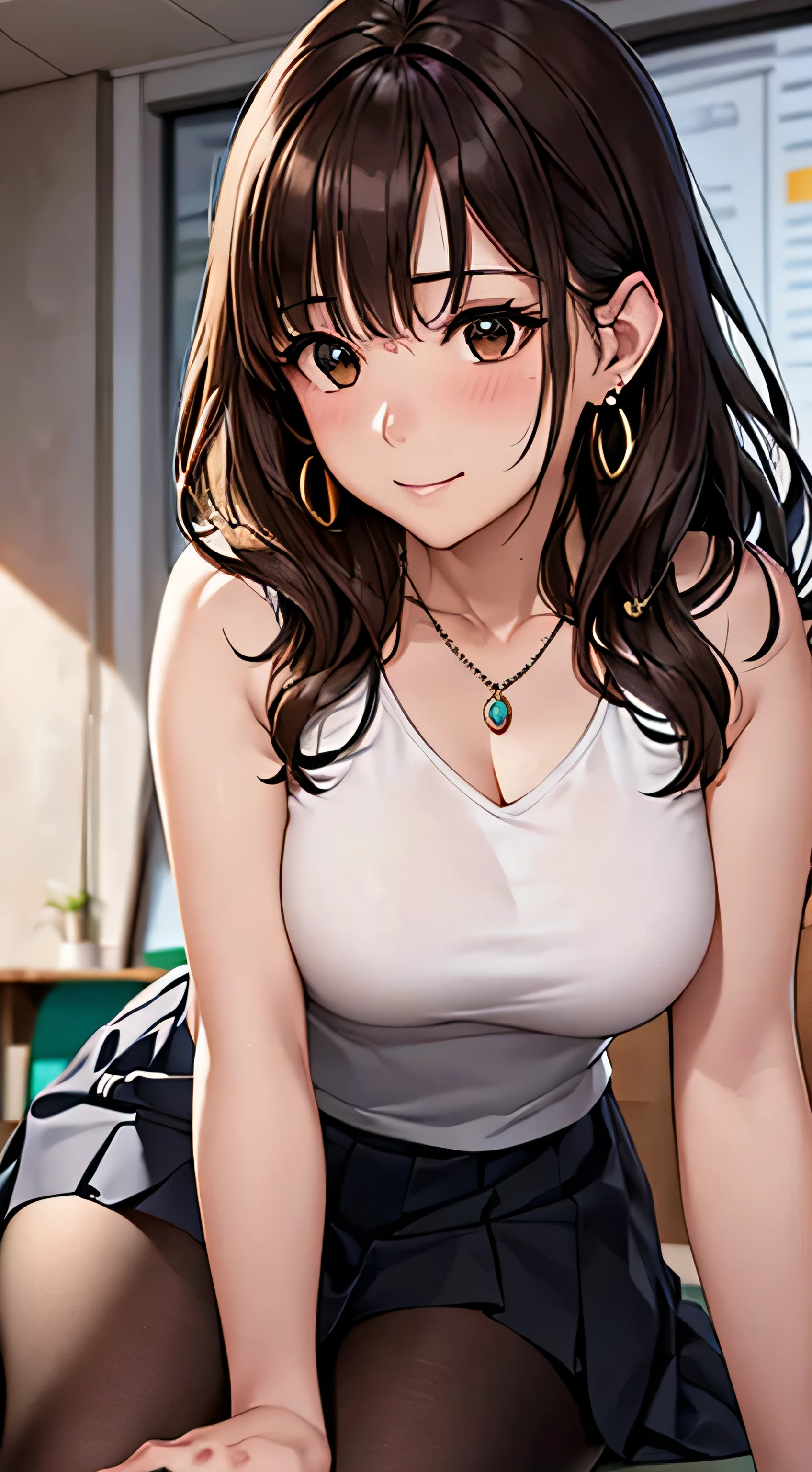 (Tabletop, highest quality, High resolution, , Perfect Pixel, 4K,), 1 girl, single, alone, Beautiful woman、I could see the whole body、 ((Wavy mid-length hair, bangs, Brown Hair)), ((Brown eyes, Beautiful eyelashes, Realistic eyes)), ((Detailed face, blush:1.2)), ((Smooth texture:0.75, Realistic texture:0.65, Realistic:1.1, Anime CG Style)), Medium Chest, Dynamic Angle, Perfect body, female teacher、((, White sleeveless top、Long pleated skirt、Black Stockings、Cute Necklace、Earrings、)), look up、A shy smile、Accentuate your breasts、Put your hands behind your back and stick out your chest、)、Angle from below、classroom、Sitting on the floor、、