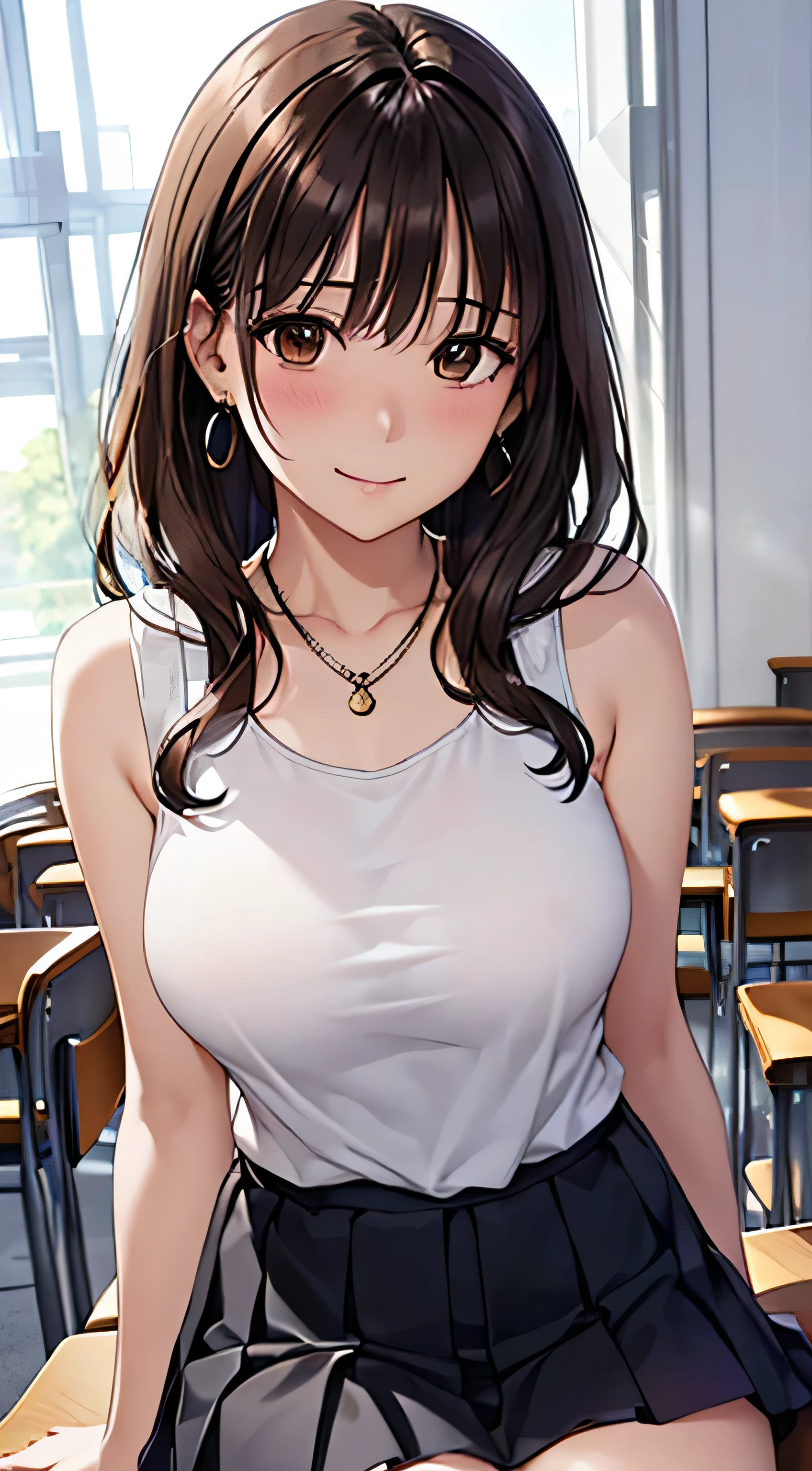 (Tabletop, highest quality, High resolution, , Perfect Pixel, 4K,), 1 girl, single, alone, Beautiful woman、I could see the whole body、 ((Wavy mid-length hair, bangs, Brown Hair)), ((Brown eyes, Beautiful eyelashes, Realistic eyes)), ((Detailed face, blush:1.2)), ((Smooth texture:0.75, Realistic texture:0.65, Realistic:1.1, Anime CG Style)), Medium Chest, Dynamic Angle, Perfect body, female teacher、((, White sleeveless top、Long pleated skirt、Black Stockings、Cute Necklace、Earrings、)), look up、A shy smile、Accentuate your breasts、Put your hands behind your back and stick out your chest、See-through clothing)、Angle from below、classroom、Sitting on the floor、、