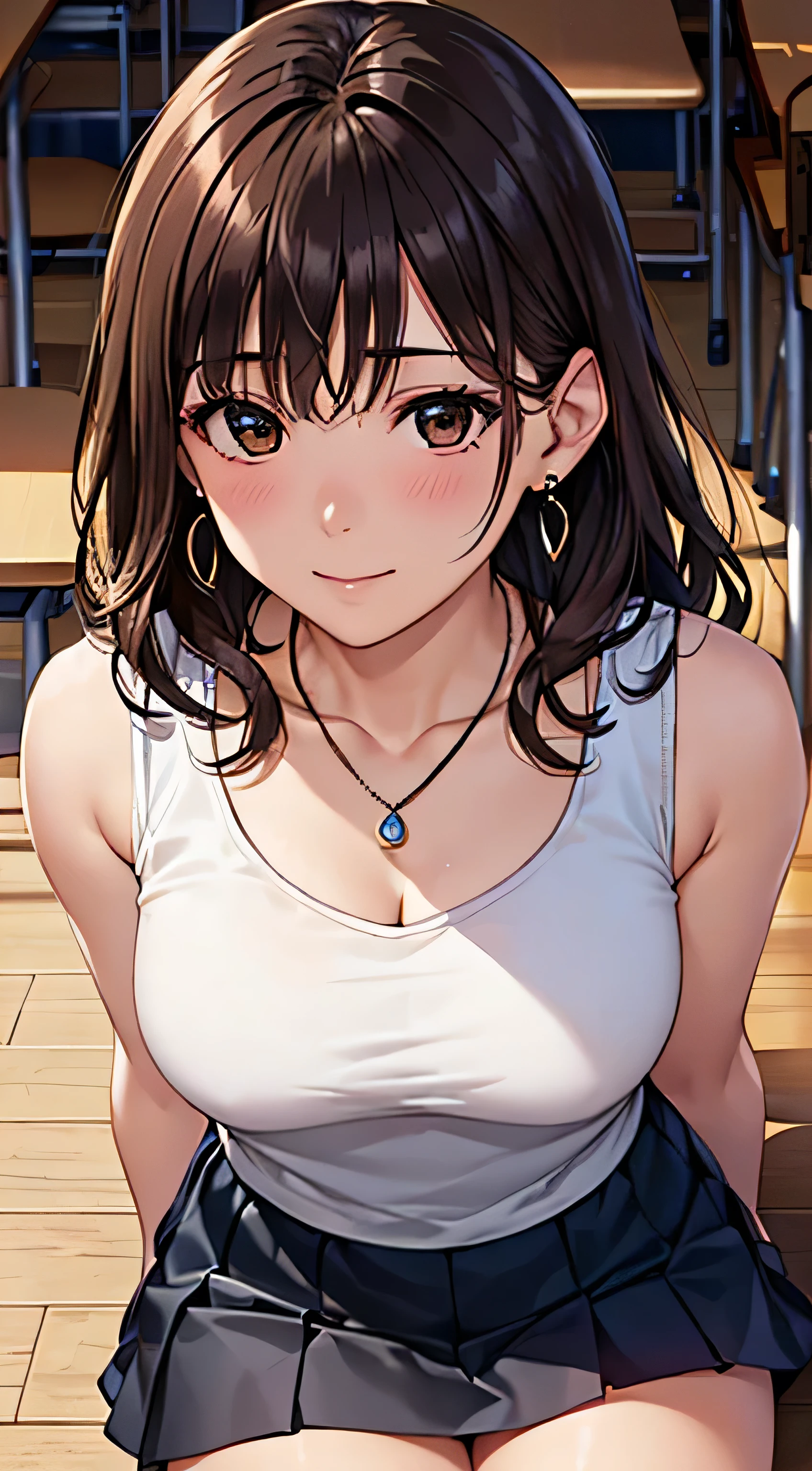 (Tabletop, highest quality, High resolution, , Perfect Pixel, 4K,), 1 girl, single, alone, Beautiful woman、I could see the whole body、 ((Wavy mid-length hair, bangs, Brown Hair)), ((Brown eyes, Beautiful eyelashes, Realistic eyes)), ((Detailed face, blush:1.2)), ((Smooth texture:0.75, Realistic texture:0.65, Realistic:1.1, Anime CG Style)), Medium Chest, Dynamic Angle, Perfect body, female teacher、((, White sleeveless top、Long pleated skirt、Black Stockings、Cute Necklace、Earrings、)), look up、A shy smile、Accentuate your breasts、Put your hands behind your back and stick out your chest、See-through clothing)、Angle from below、classroom、Sitting on the floor、、