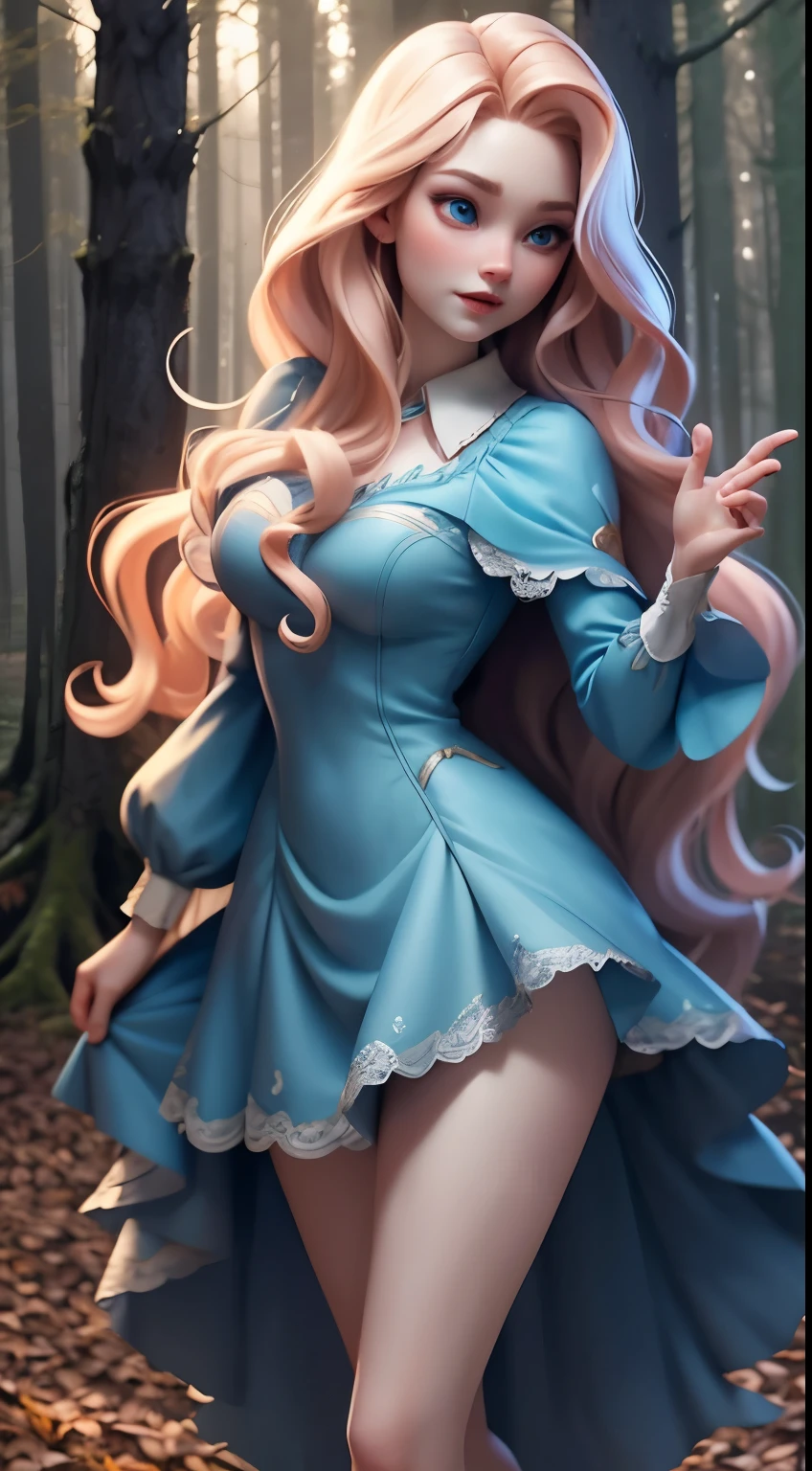 Gorgeous vampire dancing in the forest, Pale skin, Sparkling blue eyes, Wavy Peach Hair, Lace dress, Dynamic stance，fantasy, Film Grain, Ultra HD, Motion Blur，Ray Tracing，masterpiece, Anatomically correct, Super Detail, best quality, Haunted Forest,