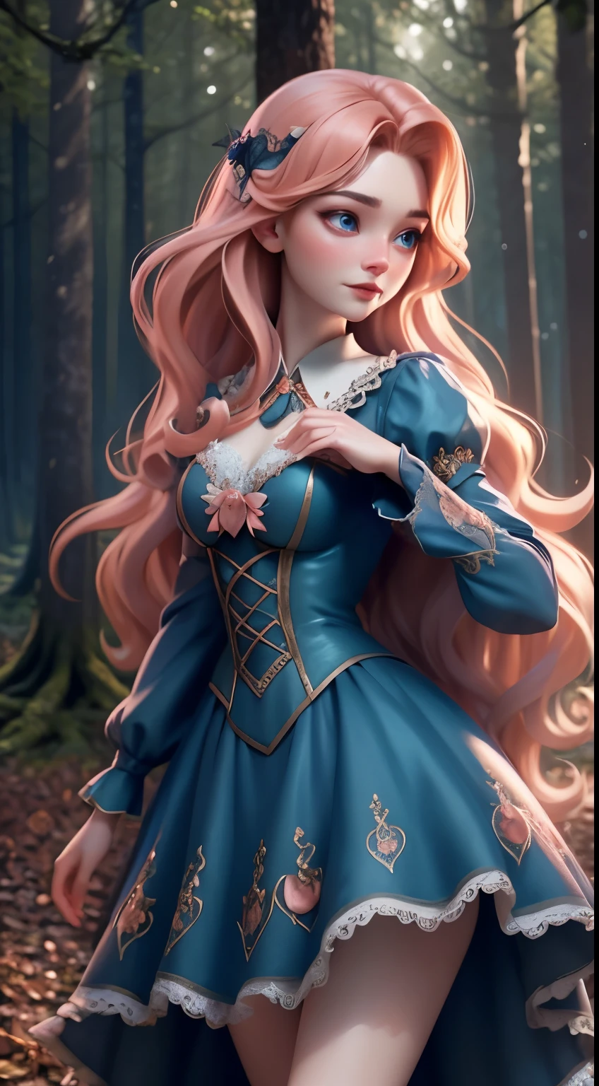 Gorgeous vampire dancing in the forest, Pale skin, Sparkling blue eyes, Wavy Peach Hair, Lace dress, Dynamic stance,fantasy, Film Grain, Ultra HD, Motion Blur,Ray Tracing,masterpiece, Anatomically correct, Super Detail, best quality, Haunted Forest,