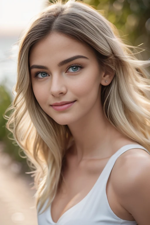 (La mejor calidad, 4k, 8k, Altas Resoluciones, Obra maestra:1.2), Ultra detallado, cara detallada, Labios y ojos detallados..........., lindo maquillaje , aspecto atractivo, Rostro expresivo, realista,
Romper   ,Beautiful Caucasian woman , 17 years old, Grandes ojos azules, piel clara, slim and athletic, cabello que cubre un ojo,
Romper  (dynamic pose),  senos grandes , excited expression, Luz solar suave iluminando la escena, Sutil movimiento del viento en el cabello, happy expression, gloomy atmosphere, afable, Natural lighting that emphasizes your features..........., Subtle shadows that add depth and dimension to the image....... mlp Applejack  , ojos color verde , pelo rubio , cabello rubio  , aviation elegant hotel, cuerpo completo  , posando en la playa , usa playera blanca con detalles de manzana, falda de mezclilla, apple-shaped buckle belt