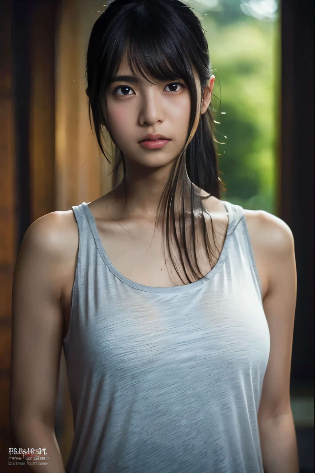 highest quality, masterpiece, Ultra-high resolution, (Realistic:1.4), RAW Photos, 1 girl, Black Hair, Shiny skin, Sweaty body, Dramatic lighting, whole body, Female dog, Tank top, Huge breasts