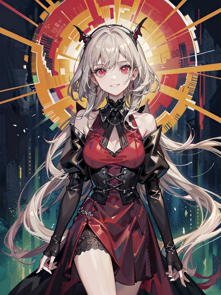 whole body, Gothic red dress, vampire, (in castle), creepy smile, absurdres, RAW photo, extremely delicate and beautiful, masterpiece, Best Quality, ultra high resolution, 32k, hyperrealistic, ultra-detailed, detailed description, pale skin, 20 years old, detailed beautiful face and eyes, tearful mole, earring, Colossal tits, short medium hair, wavy hair,　