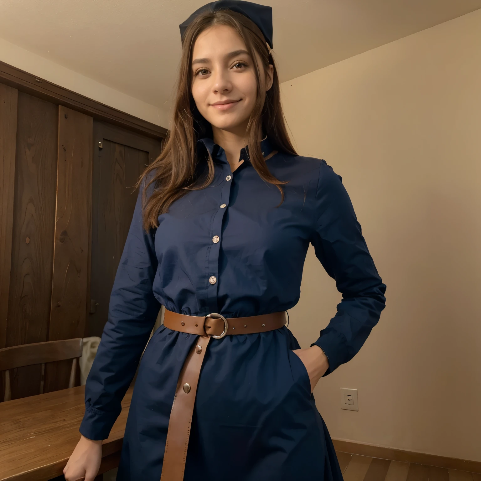 2d, Obra maestra, mejor calidad, animado, cara muy detallada, ojos muy detallados, Fondo muy detallado, Perfect lighting, tiro de vaquero, 1 chica, solo, Aki Rosenthal, vestido con cuello, vestido corto, mangas cortas, Chaqueta azul, muslos negros, cabello desprendido, pelo largo, dos colas bajas, corte bob, corbata, headgear, guantes blancos, guantes de codo, Caderas anchas, sonrisa, de pie, interior de la nave espacial 