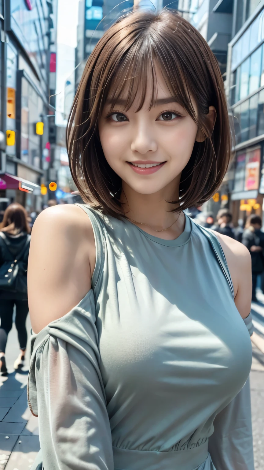 masterpiece, 1 beautiful girl, Fine grain, Swollen eyes, highest quality, 超High resolution, (reality: 1.4), Original photo, One girl, Cinema Lighting, smile, Japanese, Asian Beauty, Korean, clean, so beautiful, Beautiful Skin, thin, Cyberpunk Background, (Ultra-realistic ), (High resolution), (8k), (Very detailed), (Best illustrations), (Beautiful and detailed eyes), (Very detailed), (wallpaper), (Detailed face), Viewers are watching, Fine details, Detailed face, Pure Erotic Face Ace_v1, smile, 46 point diagonal bangs, Look straight ahead, Dress neatly, Dark Eyes, No sleeve, Body facing forward, short hair, Brown Hair, Messenger of God,