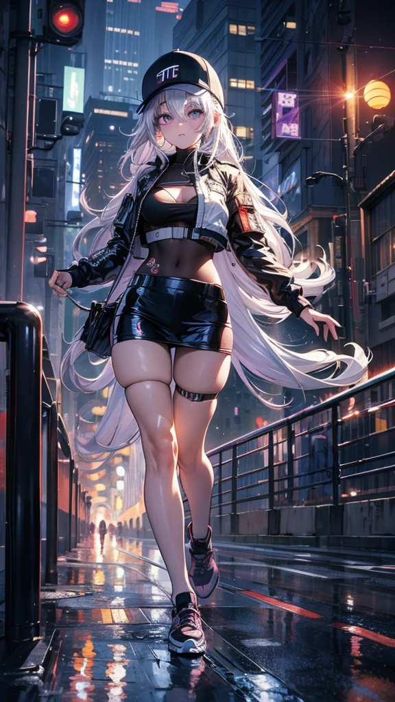 （best qualtiy，tmasterpiece：1.3）， beuaty girl， Rainy days， Mist， alleys， looking at viewert， facing the photo， Cyberpunk-city， Alone in the alley， Neon lights in the alley， Very reflective city， long whitr hair，  leg-garter，Tight miniskirt，nedium breasts，Clothes with openings， perfect hand，delicated，the night，Fell，One hand between your legs