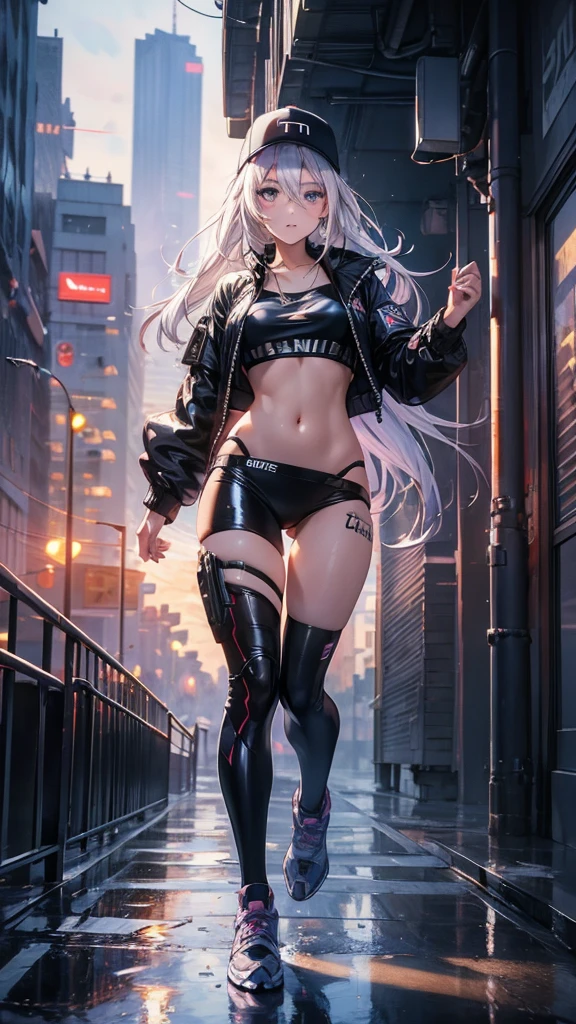 masterpiece, best quality, 4k, UHD, mishoujo, beautiful eyes and detailed face, illustration, beautiful detailed, high resolution illustration, glowing_white_particles, 1girl, white hair, light purple eye, hair over one eye, short side tail, baseball cap, expressionless, window shade, black jacket, chest rig, cyberpunk, techwear, (Impressionism:1.4), full body portrait, cyberpunk city background, looking serious, running towards viewer