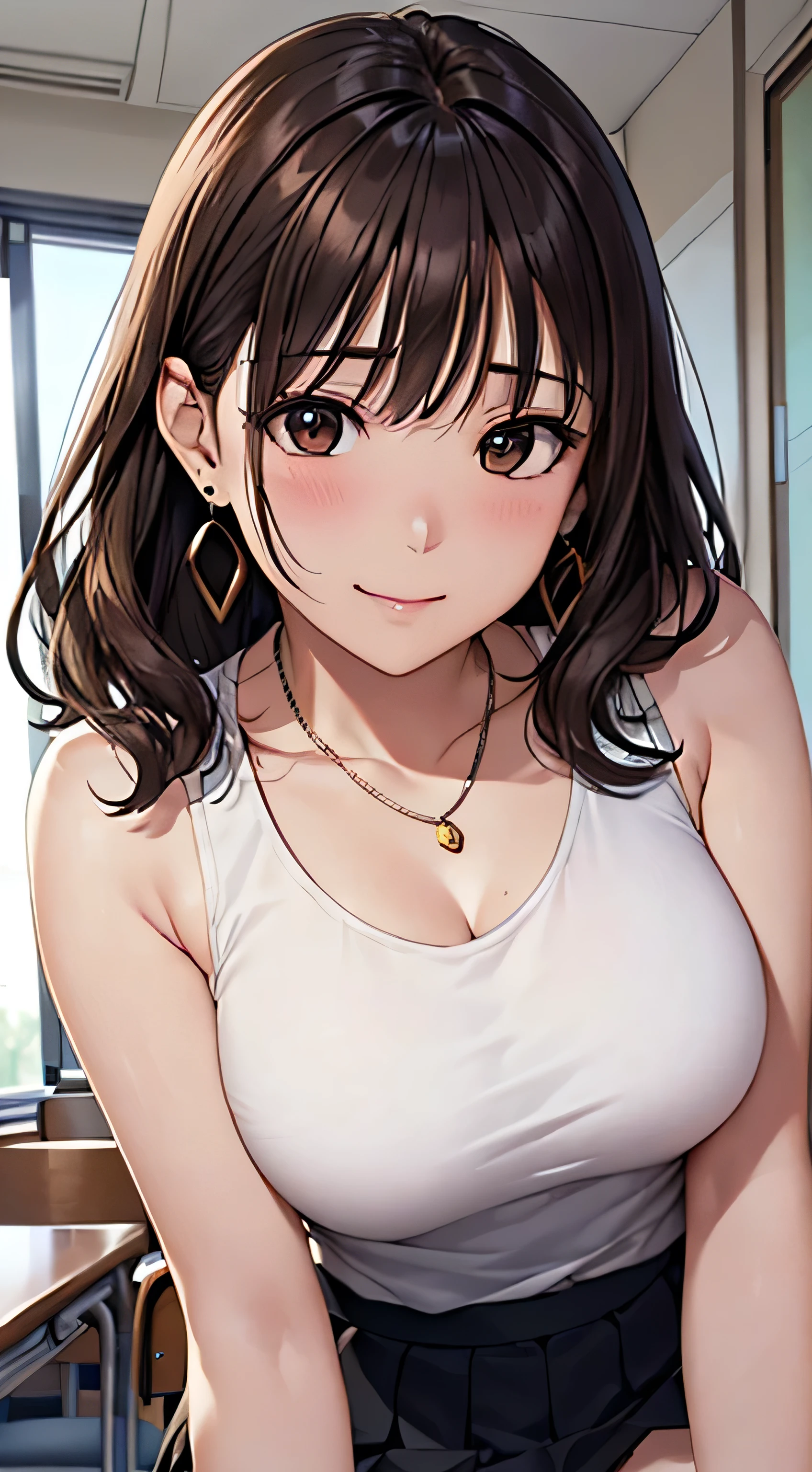 (Tabletop, highest quality, High resolution, , Perfect Pixel, 4K,), 1 girl, single, alone, Beautiful woman、I could see the whole body、 ((Wavy mid-length hair, bangs, Brown Hair)), ((Brown eyes, Beautiful eyelashes, Realistic eyes)), ((Detailed face, blush:1.2)), ((Smooth texture:0.75, Realistic texture:0.65, Realistic:1.1, Anime CG Style)), Medium Chest, Dynamic Angle, Perfect body, female teacher、((, White sleeveless top、Long pleated skirt、Black Stockings、Cute Necklace、Earrings、)), look up、A shy smile、Accentuate your breasts、Put your hands behind your back and stick out your chest、)、Angle from below、classroom、Sitting on the floor、、