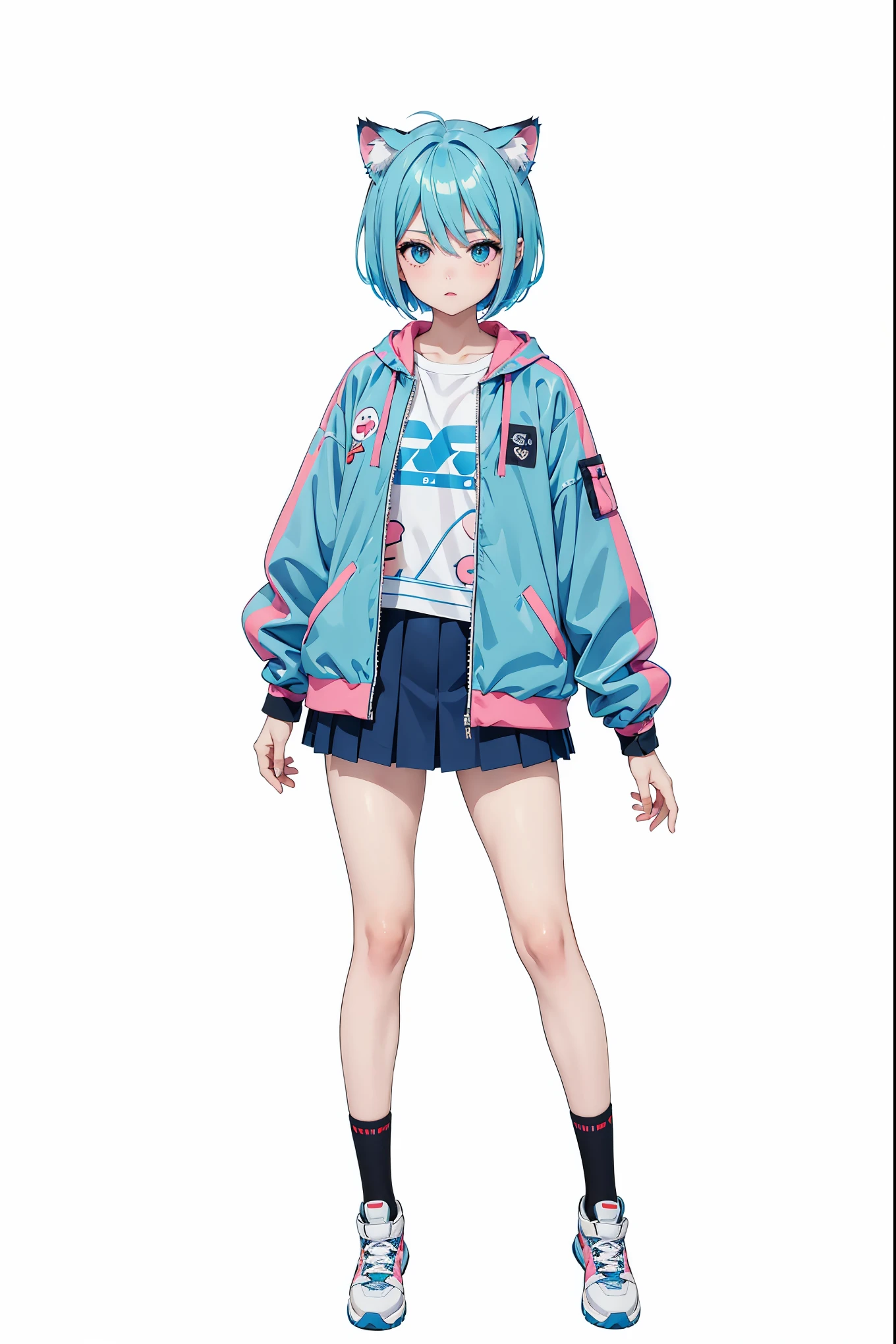 anime girl with blue hair and blue eyes in a blue jacket, 2D anime style, 2d anime, anime style 4k, Short haired blue-haired woman, Two-dimensional art, Second Art, anime art wallpaper 8 k, Hatsune Miku short hair, anime style. 8k, Blue Hair Girl, Anime cute art style, Anime Wallpaper 4K, full body, blue hair, cat ears, Tiger Teeth, neutral, Blue-pink, Standing picture, blue hair, cat ears, multicolored eyes, gradient_eyes, anime, anime, UHD, retina, masterpiece, ccurate, anatomically correct, textured skin, super detail, high details, high quality, award winning, best quality, highres, UHD, retina, masterpiece, ccurate, anatomically correct, textured skin, super detail, high details, high quality, award winning, best quality, highres,white background