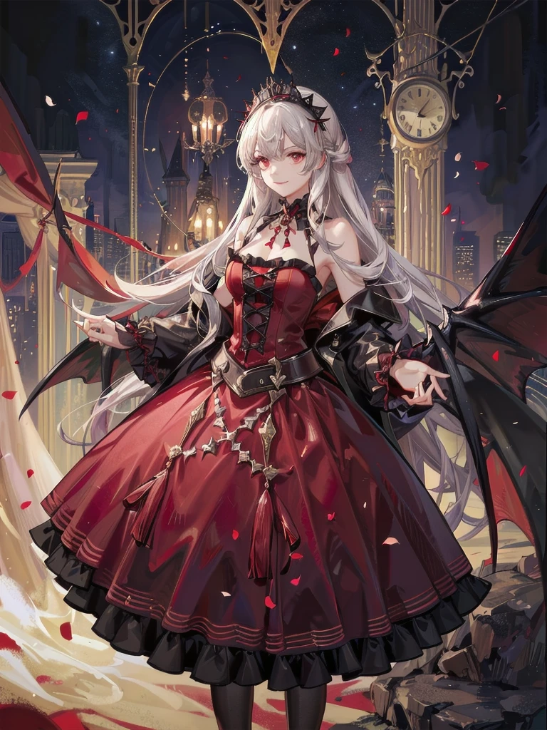 whole body, Gothic red dress, vampire, (in castle), creepy smile, ((absurdres, extremely delicate and beautiful, masterpiece, Best Quality, ultra high resolution, 32k, ultra-detailed)),