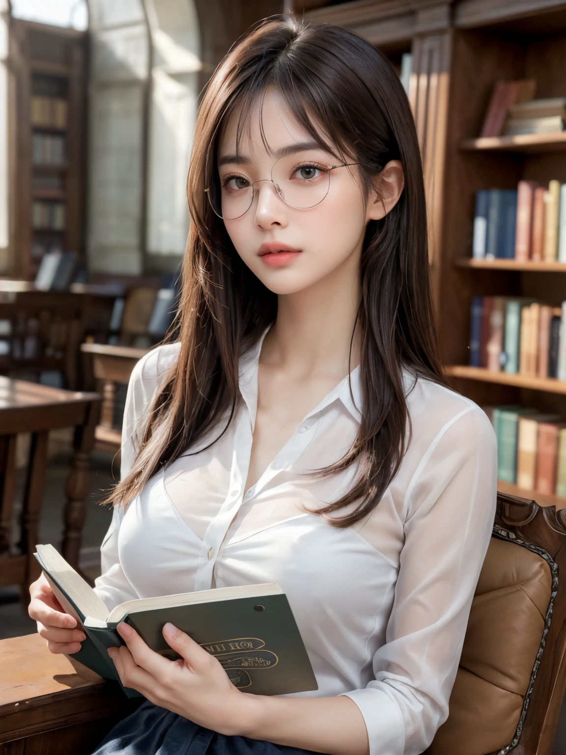 8k, highest quality, masterpiece, Ultra-high resolution, (Realistic:1.4), whole body、RAW Photos, ((Long brown straight hair, See-through bangs))), Beautiful Details 1 Girl, (Realistic:1.4), High-resolution RAW color photos, Professional photos, Highly detailed eyes and face, Natural light, Facial details, White skin, Shiny skin, Tight waist, Small Ass, Thin legs,Natural Breasts, Nice body, (((Reading a book in the library、Reading a book、His face is turned towards the book)))、Bookshelf、((White shirt、Navy blue 、wear glasses))