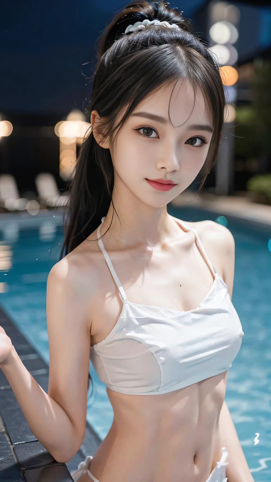 night,It's dark outside,Resort Pool lit up with neon lights at midnight,bikini,Close up face,One woman,masutepiece, The highest image quality, High quality, the background is clear,Beautiful woman, Japanese, Detailed, Detailed eyes, Detailed skin, Beautiful skin, 超hight resolution, (reality: 1.4),Very beautiful woman, Slightly younger face, Beautiful skin, slender, (Ultra photo realsisim), (hight resolution), (8K), (Very detailed) (beautifully detailed eyes), (super detailed), (Detailed face), view the viewer, Fine details, Detailed face, Staring straight ahead, Staring straight ahead, photos realistic, Bright lighting, Professional Lighting, Black hair,poneyTail,a ,fifteen ye: ponytail,Long ponytail hairstyle,slight smile,neat and tidy clothing,Beautiful Japanese KPOP idol photo, hair style is ponytail, my eyes are double and wide, baby face, smile and look ahead, slender, small breasts,Close up face,