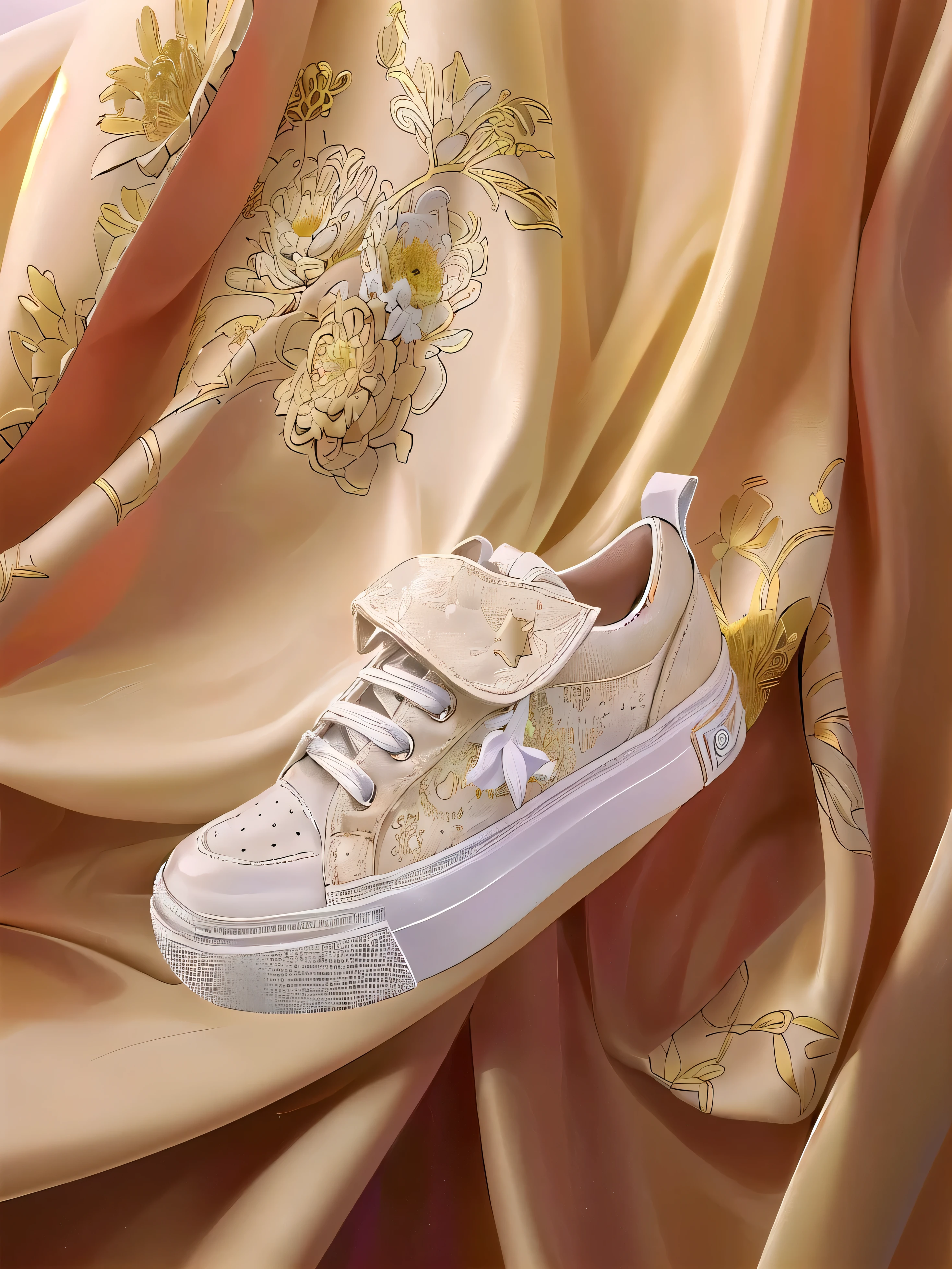 There is a white shoe on the Chinese silk fabric with golden chrysanthemum pattern.,There is a chrysanthemum pattern on it,, light brown, 🤬 🤮 💕 🎀, Lace, 2020 fashion, Oblique view, Focus only on sneakers, White shoes,, Star, close-up product photo, White soft leather model, with Star, Shoes wrapped in chrysanthemums,