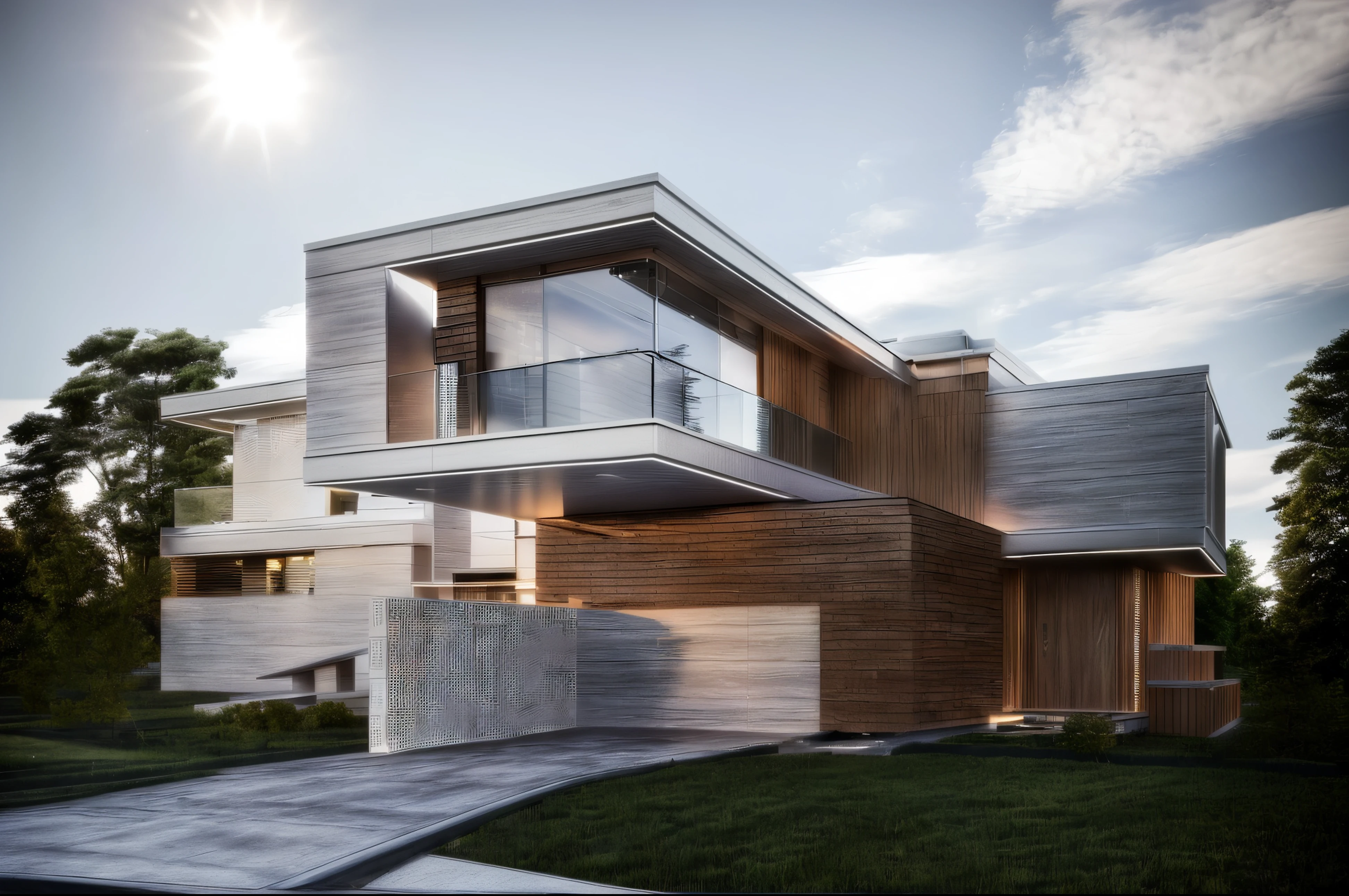 a realistic modern house, glass, wood, white house, luxury, in forest, rim light, natural lighting, best light, best photo, best quality, (realistic render), beautiful:1.444