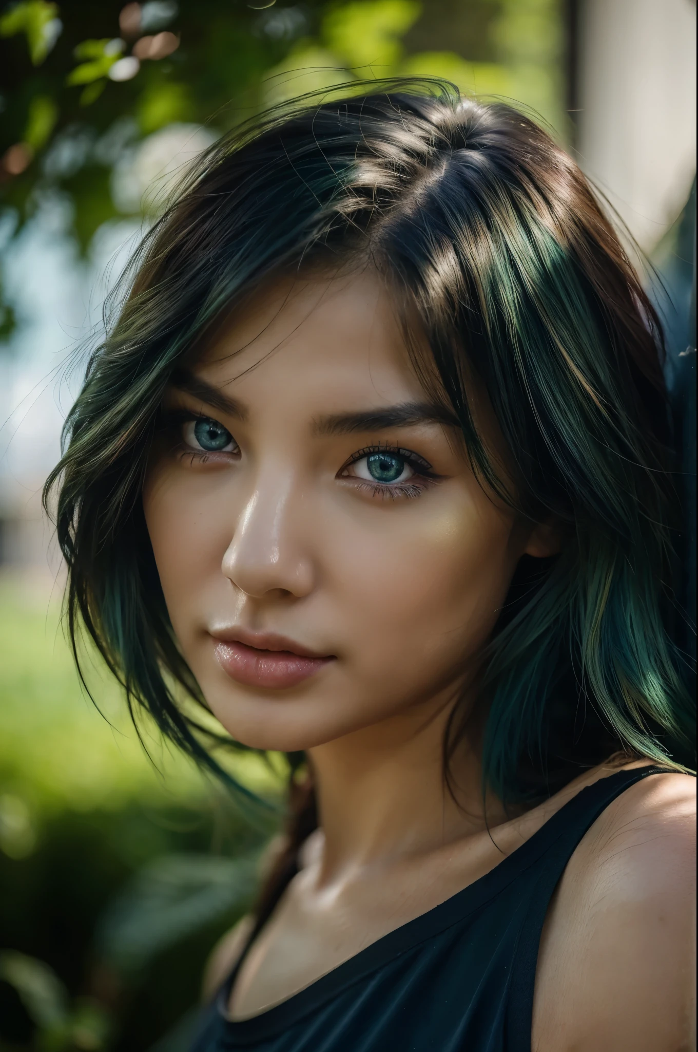 Gesichtsportrait, asiatische Frau, 24 Jahre, lange Haare, (blauschwarze Haare), ((green natural eye color)), ((smooth fine natural skin)), experimentelles Makeup, athletic body, artist, Vintagekleidung, Tageslicht