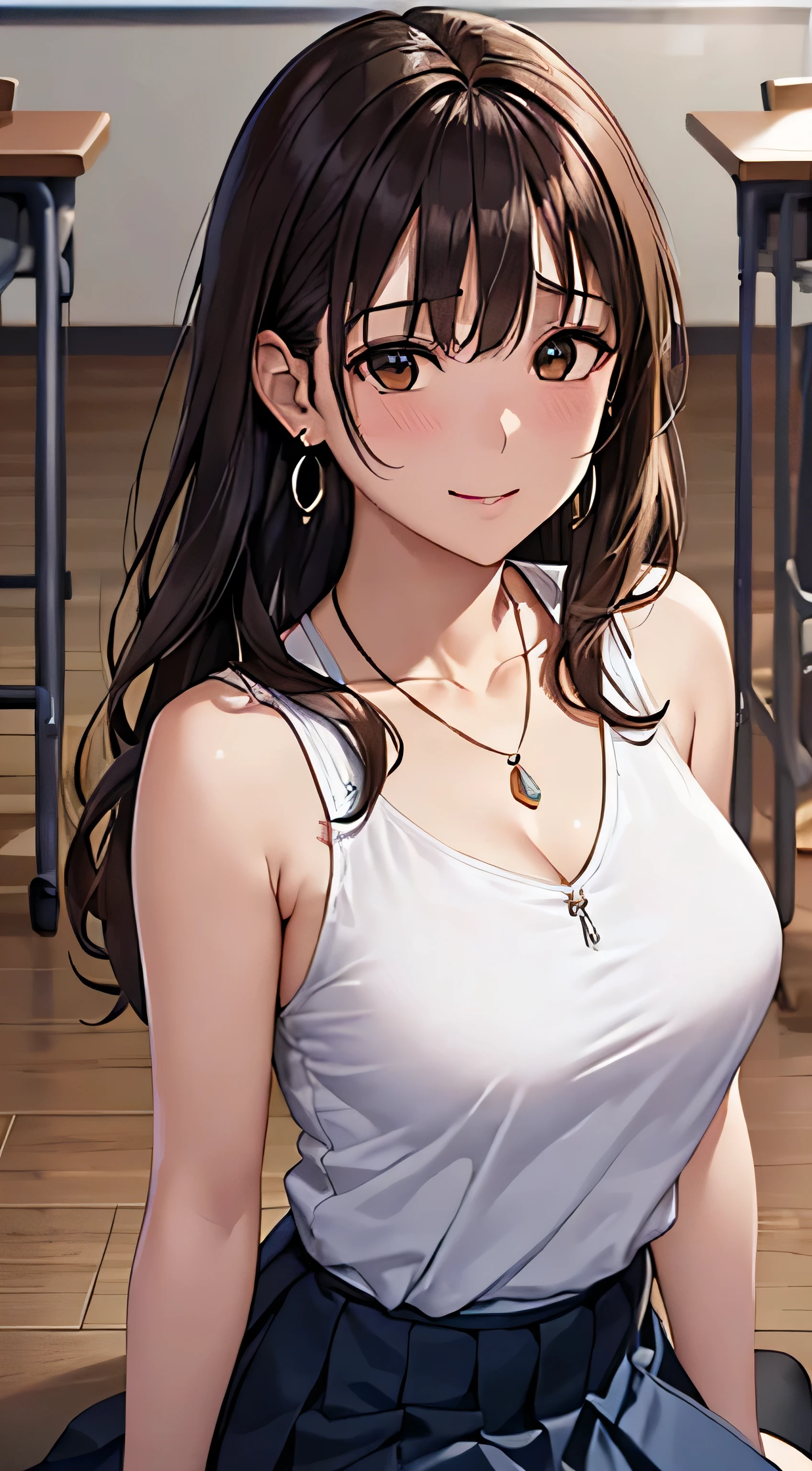 (Tabletop, highest quality, High resolution, , Perfect Pixel, 4K,), 1 girl, single, alone, Beautiful woman、I could see the whole body、 ((Wavy mid-length hair, bangs, Brown Hair)), ((Brown eyes, Beautiful eyelashes, Realistic eyes)), ((Detailed face, blush:1.2)), ((Smooth texture:0.75, Realistic texture:0.65, Realistic:1.1, Anime CG Style)), Medium ?????, Dynamic Angle, Perfect body, female teacher、((, White sleeveless top、Dark Blue Long Pleated Skirt、Black Stockings、Cute Necklace、Earrings、)), look up、A shy smile、Accentuate your ???????、Put your hands behind your back and stick out your ?????、)、Angle from below、classroom、Sitting on the floor、、