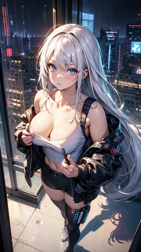 masterpiece, best quality, 4k, UHD, mishoujo, beautiful eyes and detailed face, illustration, beautiful detailed, high resolution illustration, glowing_white_particles, 1girl, white hair, light purple eye, hair over one eye, short side tail, baseball cap, expressionless, window shade, black jacket, chest rig, cyberpunk, techwear, (Impressionism:1.4), full body portrait, cyberpunk city background, looking serious, looking up, top view