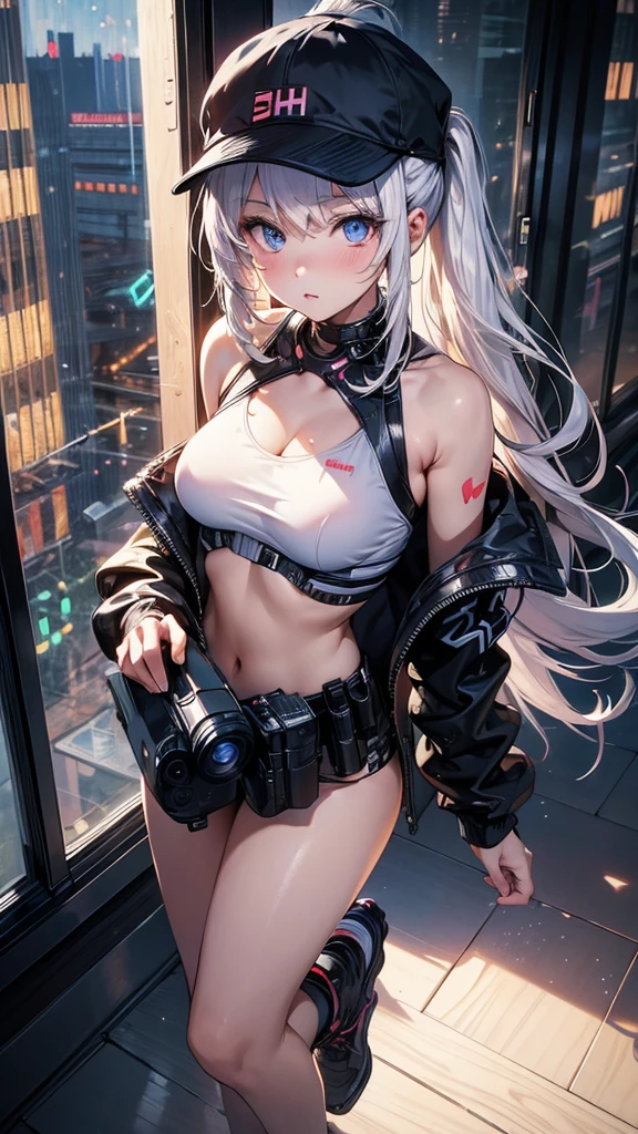 masterpiece, best quality, 4k, UHD, mishoujo, beautiful eyes and detailed face, illustration, beautiful detailed, high resolution illustration, glowing_white_particles, 1girl, white hair, light purple eye, hair over one eye, short side tail, baseball cap, expressionless, window shade, black jacket, chest rig, cyberpunk, techwear, (Impressionism:1.4), full body portrait, cyberpunk city background, looking serious, looking up, top view