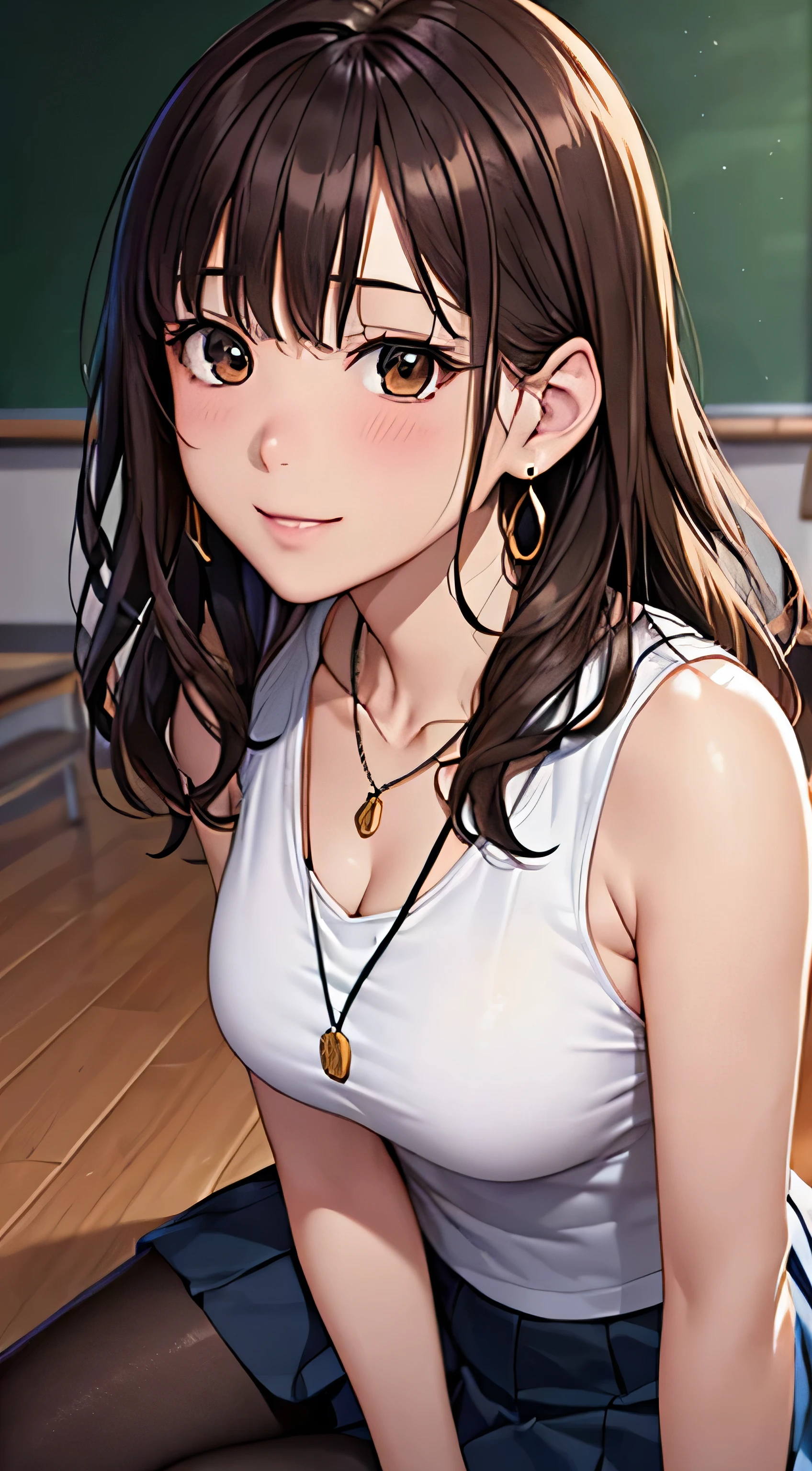 (Tabletop, highest quality, High resolution, , Perfect Pixel, 4K,), 1 girl, single, alone, Beautiful woman、I could see the whole body、 ((Wavy mid-length hair, bangs, Brown Hair)), ((Brown eyes, Beautiful eyelashes, Realistic eyes)), ((Detailed face, blush:1.2)), ((Smooth texture:0.75, Realistic texture:0.65, Realistic:1.1, Anime CG Style)), Medium Chest, Dynamic Angle, Perfect body, female teacher、((, White sleeveless top、Dark Blue Long Pleated Skirt、Black Stockings、Cute Necklace、Earrings、)), look up、A shy smile、Accentuate your breasts、Put your hands behind your back and stick out your chest、)、Angle from below、classroom、Sitting on the floor、、
