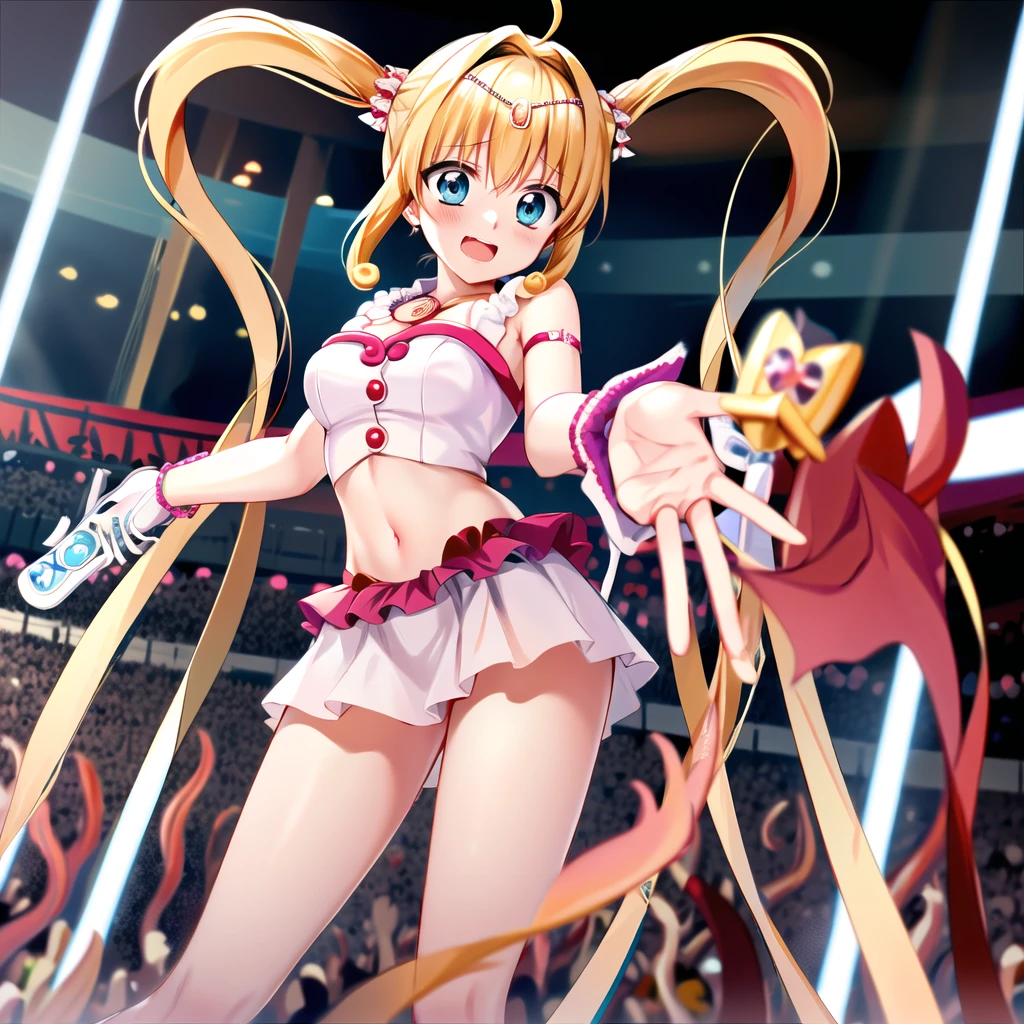 masterpiece, highest quality, High resolution, Hmm., Twin tails, tiara, blue eyes, Long Hair, Ahoge, hair ornaments, Idol, dress, gloves, Are standing, Cowboy Shot, smile, Holding a microphone, Open your mouth, stage, Reaching out,R18,Tentacles,Tentacles拘束,Tentacles挿入,Naughty attack,Ecstasy,Costume damage,Naughty expression,View from below,Heroine in Trouble,Energy Drain,Untransform,